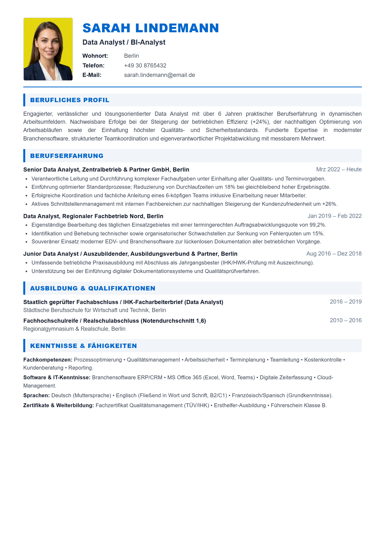 Lebenslauf-Muster Data Analyst / BI-Analyst (Vorlage 303 - Format A4)