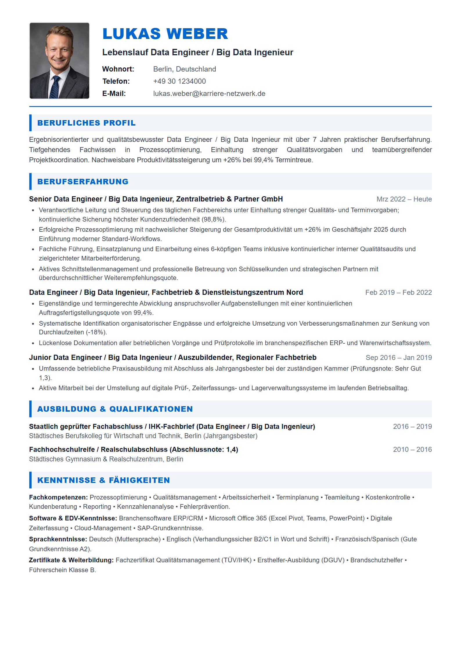 Data Engineer / Big Data Ingenieur Resume Example