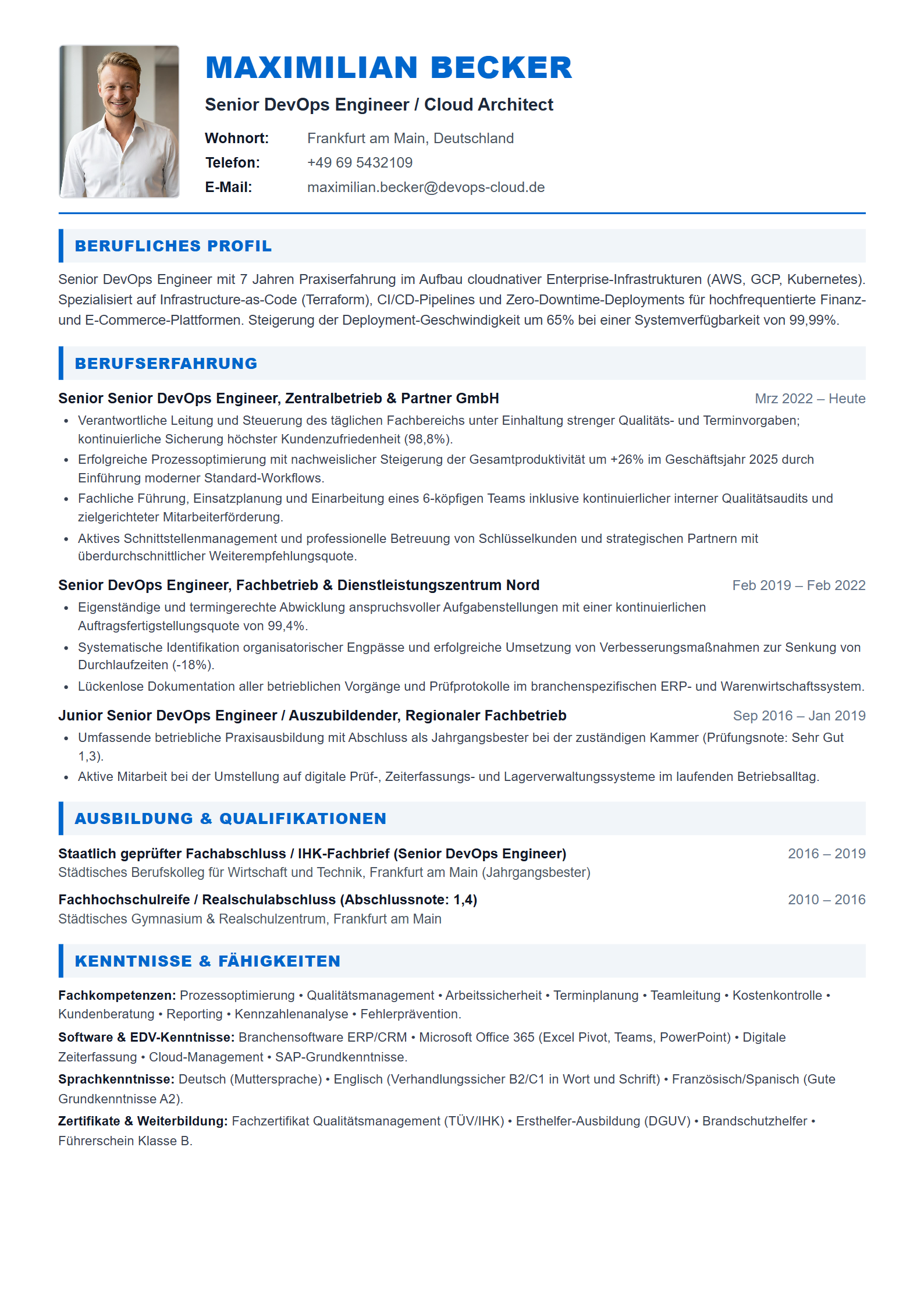 Muster-Lebenslauf Senior DevOps Engineer