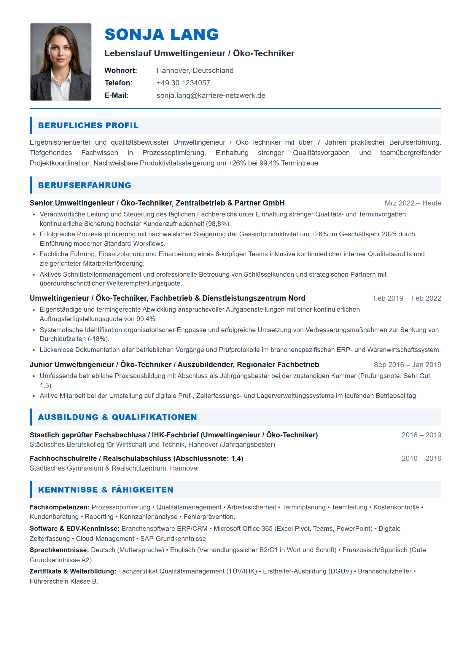 Umweltingenieur / Öko-Techniker Resume Example