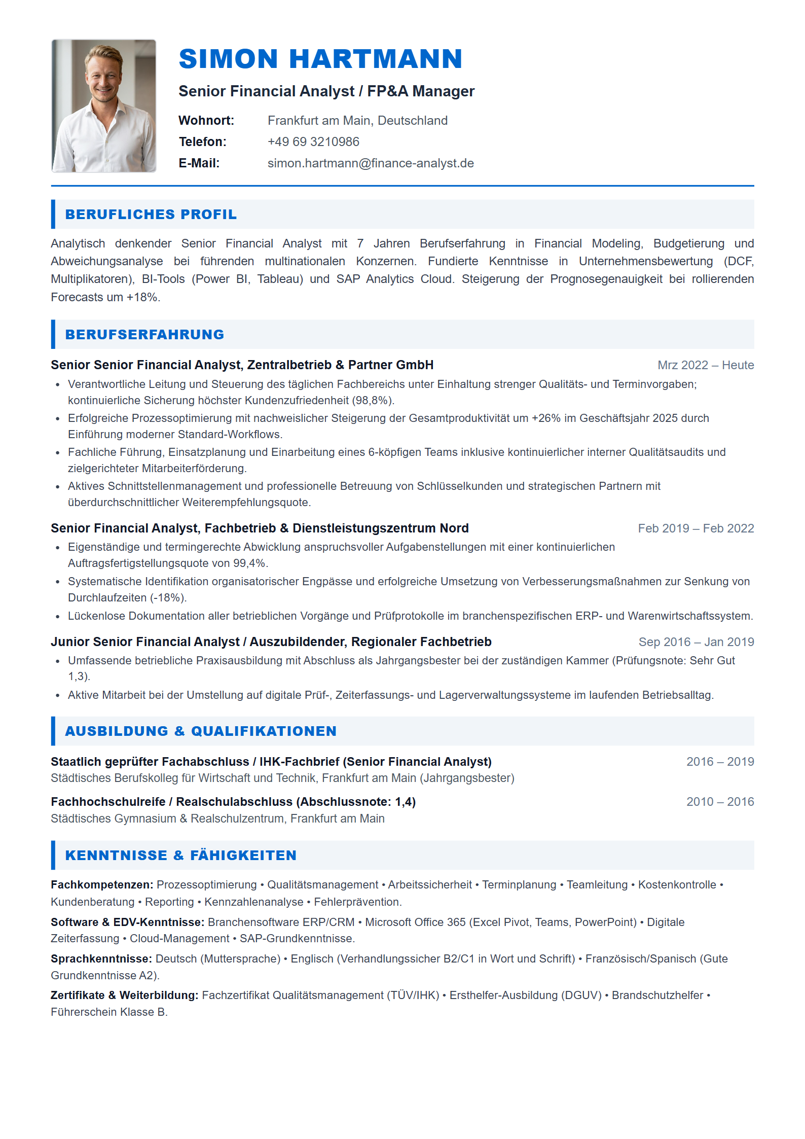 Muster-Lebenslauf Senior Financial Analyst