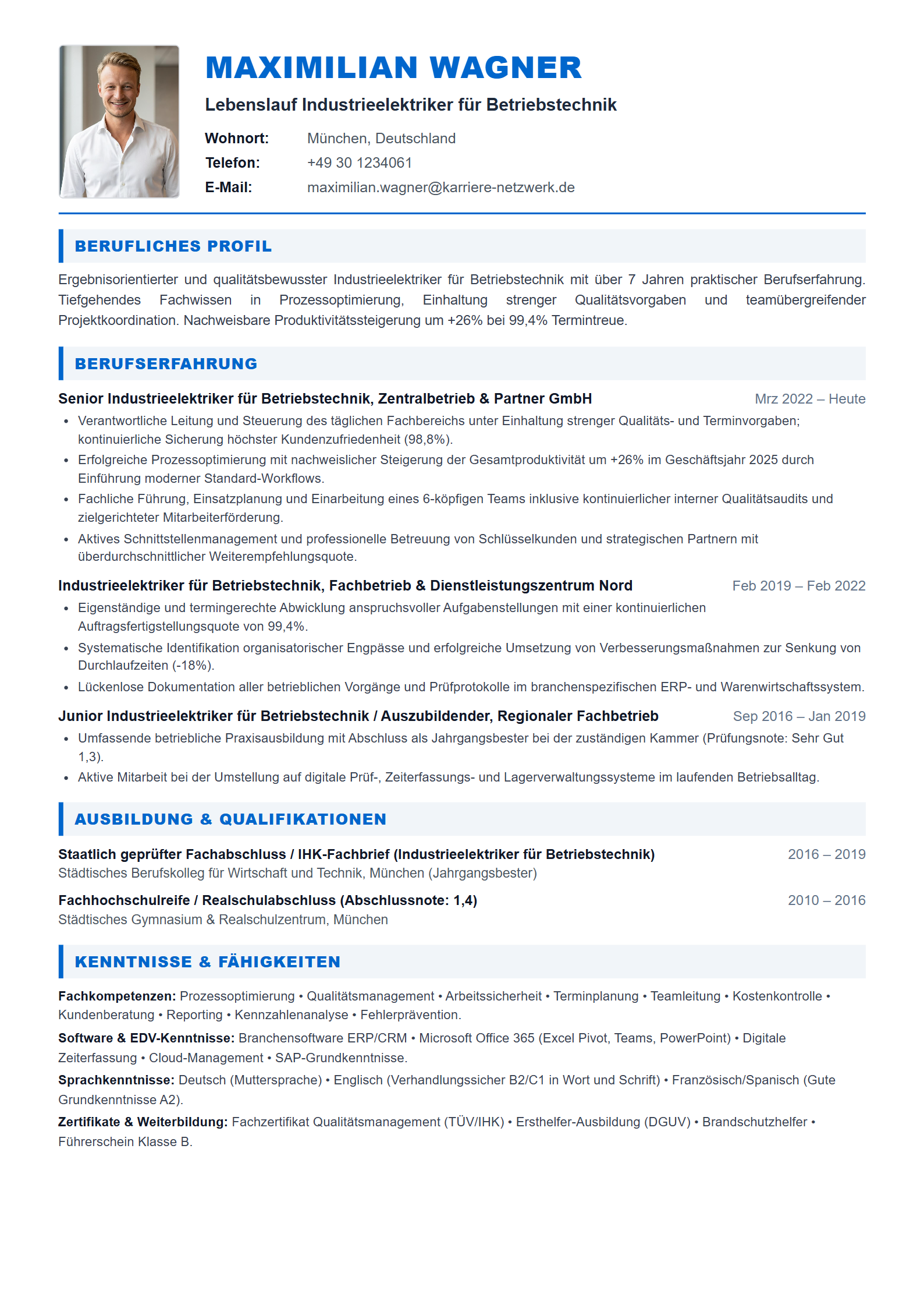 Industrieelektriker für Betriebstechnik Resume Example