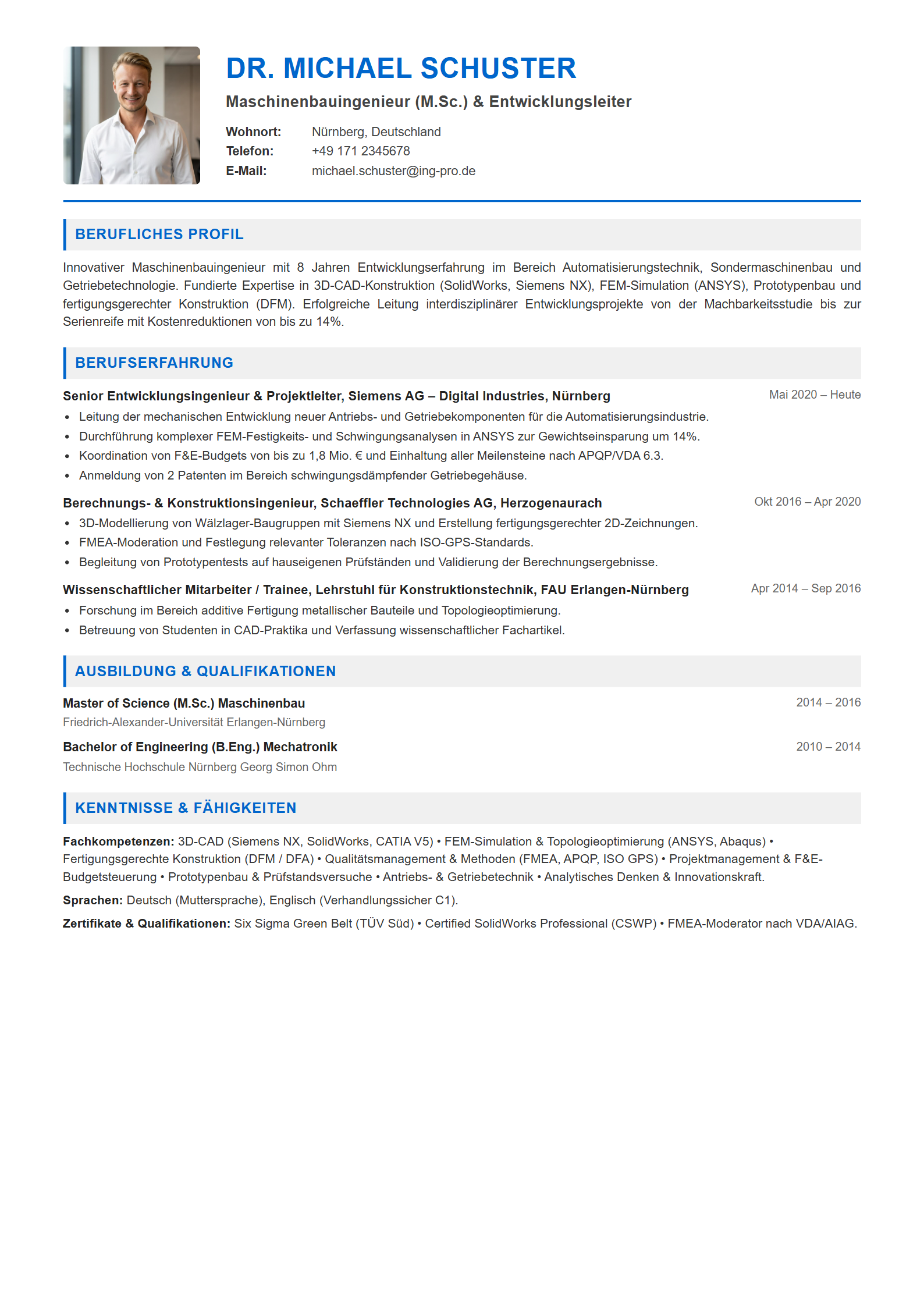 Lebenslauf-Muster Ingenieur / Maschinenbauingenieur