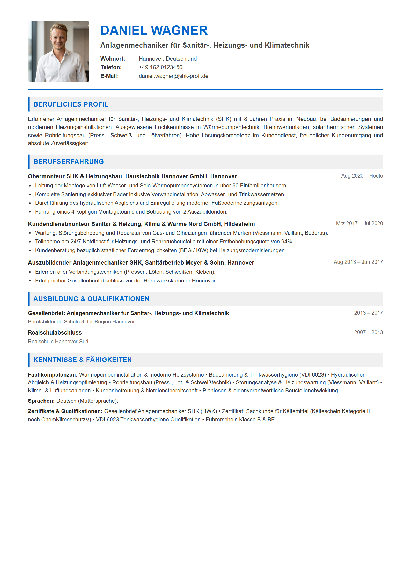 Lebenslauf-Muster Anlagenmechaniker SHK / Installateur