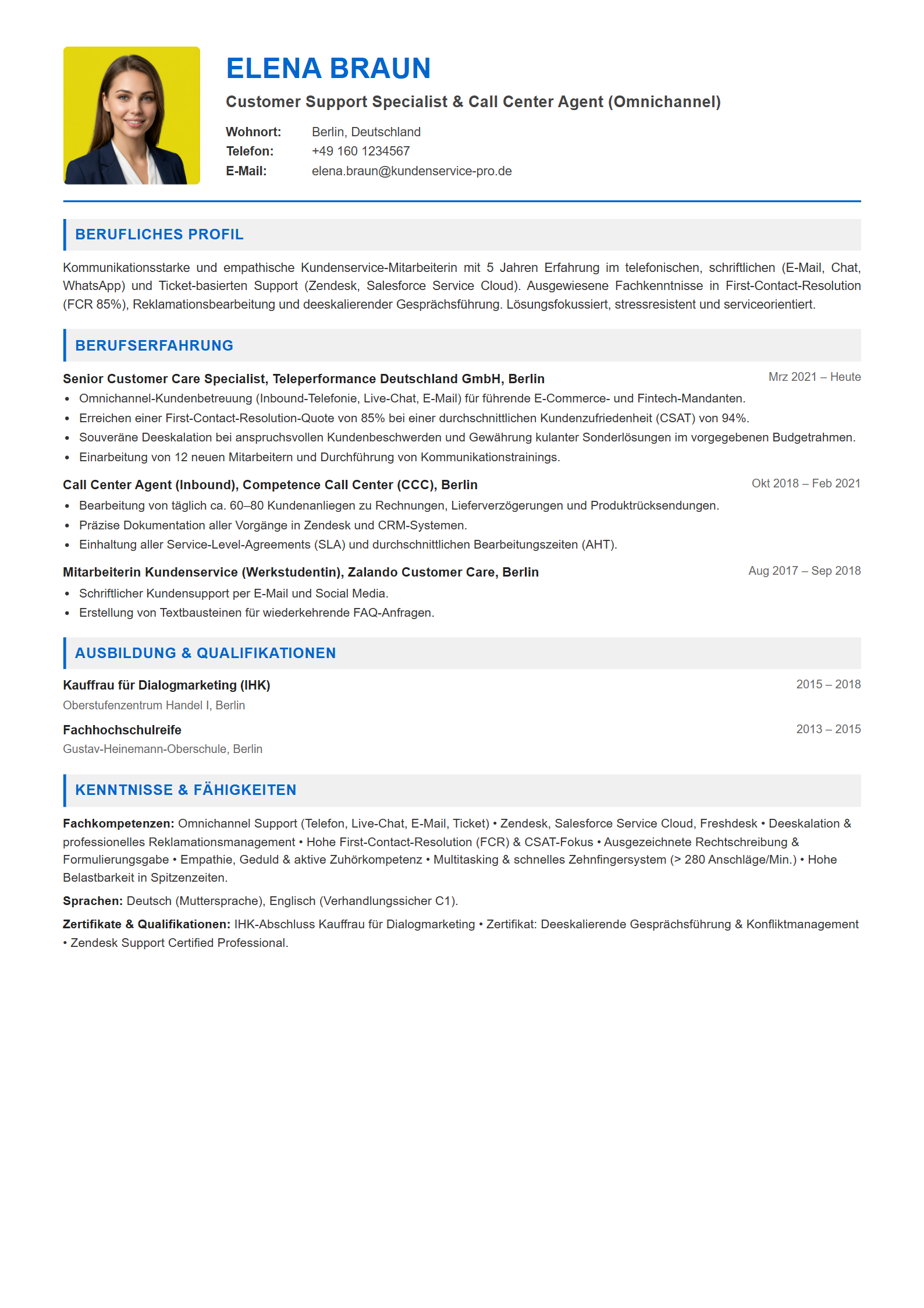 Lebenslauf-Muster Kundenservice-Mitarbeiter / Customer Support