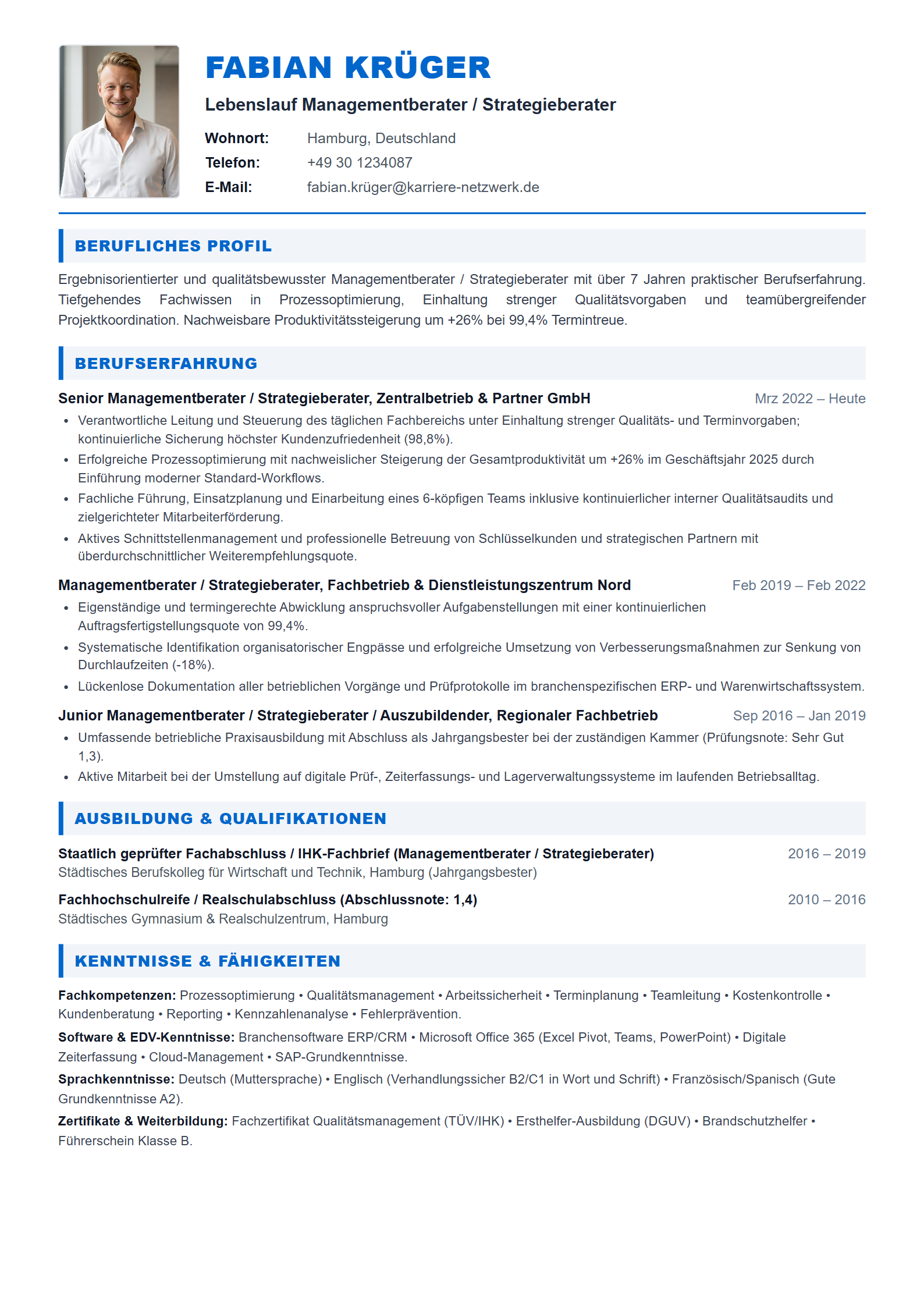 Managementberater / Strategieberater Resume Example