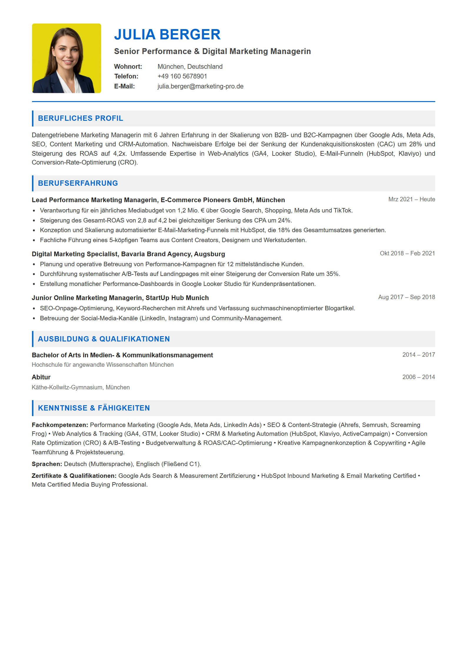 Lebenslauf-Muster Marketing Manager / Performance Specialist