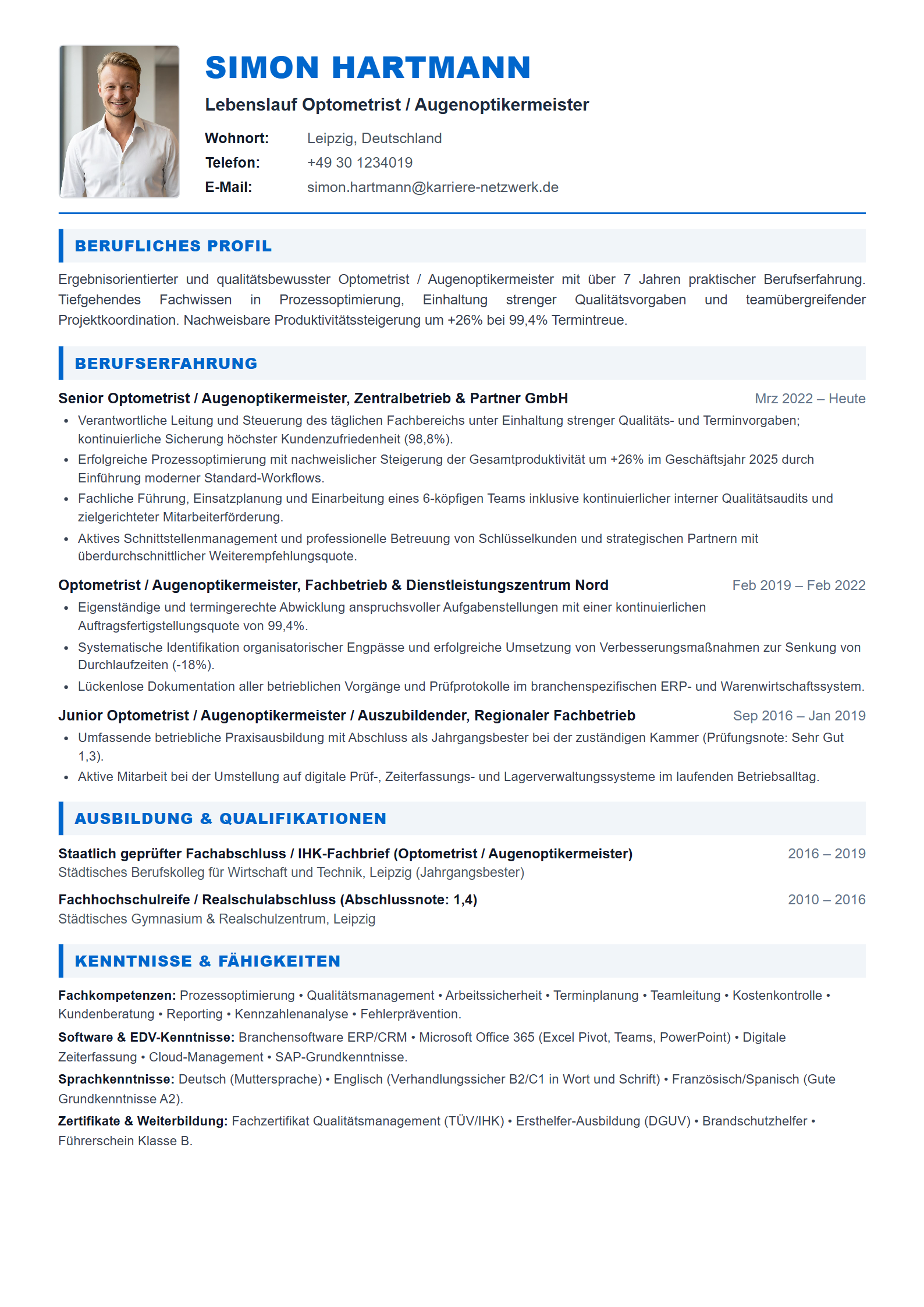 Optometrist / Augenoptikermeister Resume Example
