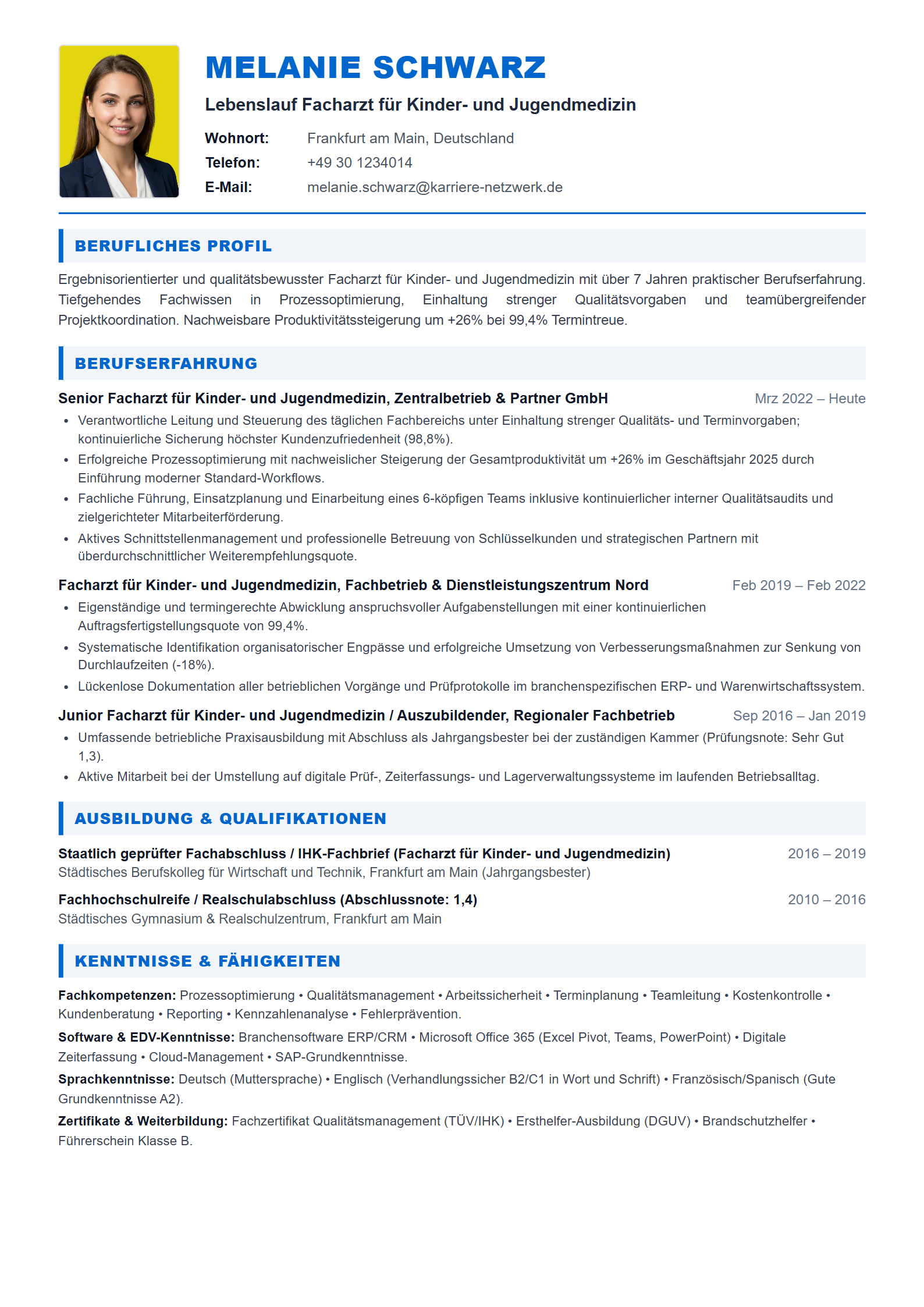 Facharzt für Kinder- und Jugendmedizin Resume Example