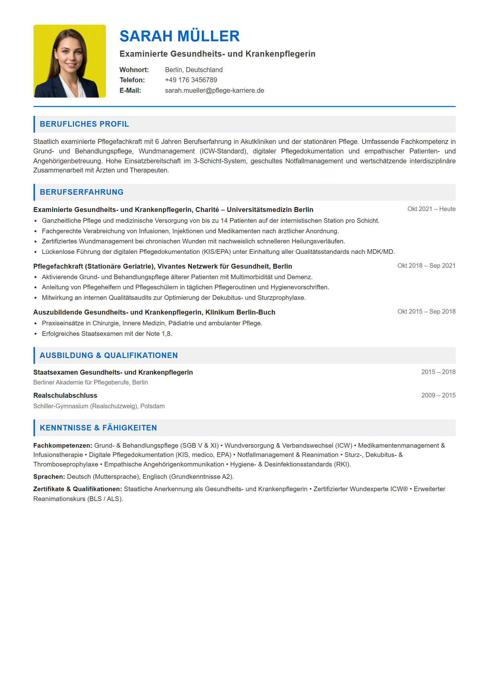 Lebenslauf-Muster Pflegekraft / Pflegefachmann