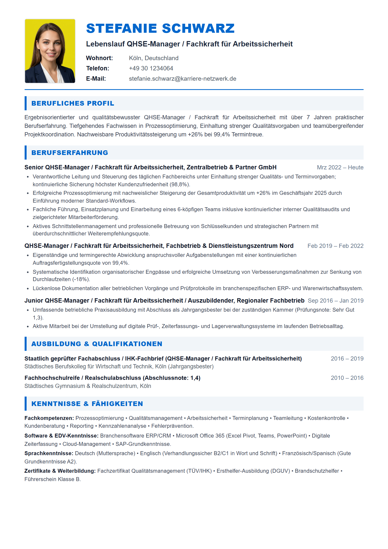 QHSE-Manager / Fachkraft für Arbeitssicherheit Resume Example