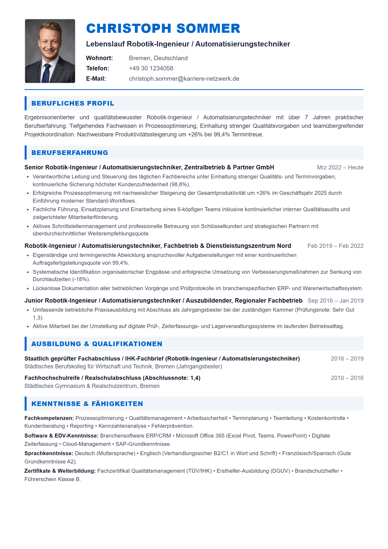 Robotik-Ingenieur / Automatisierungstechniker Resume Example