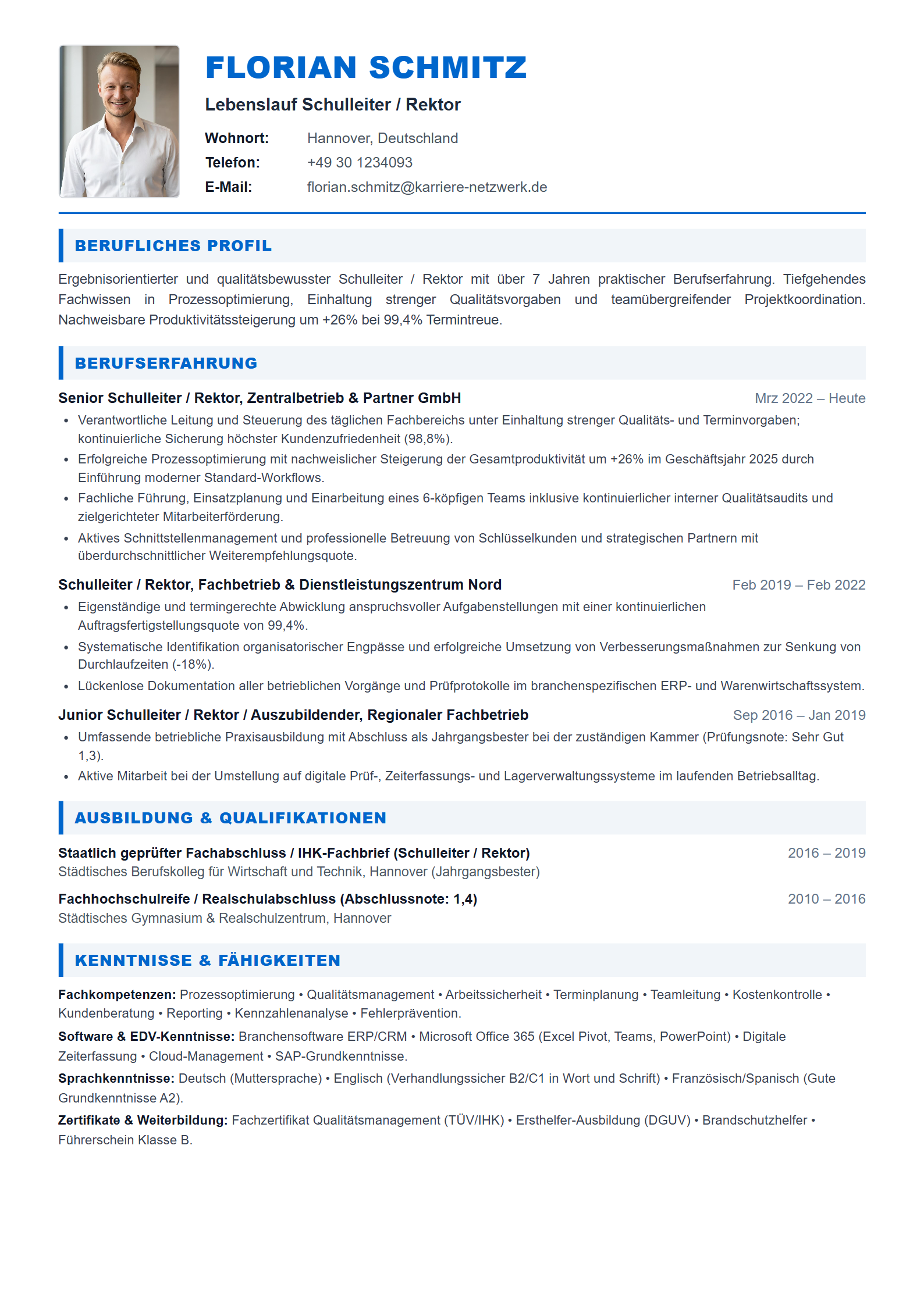 Schulleiter / Rektor Resume Example