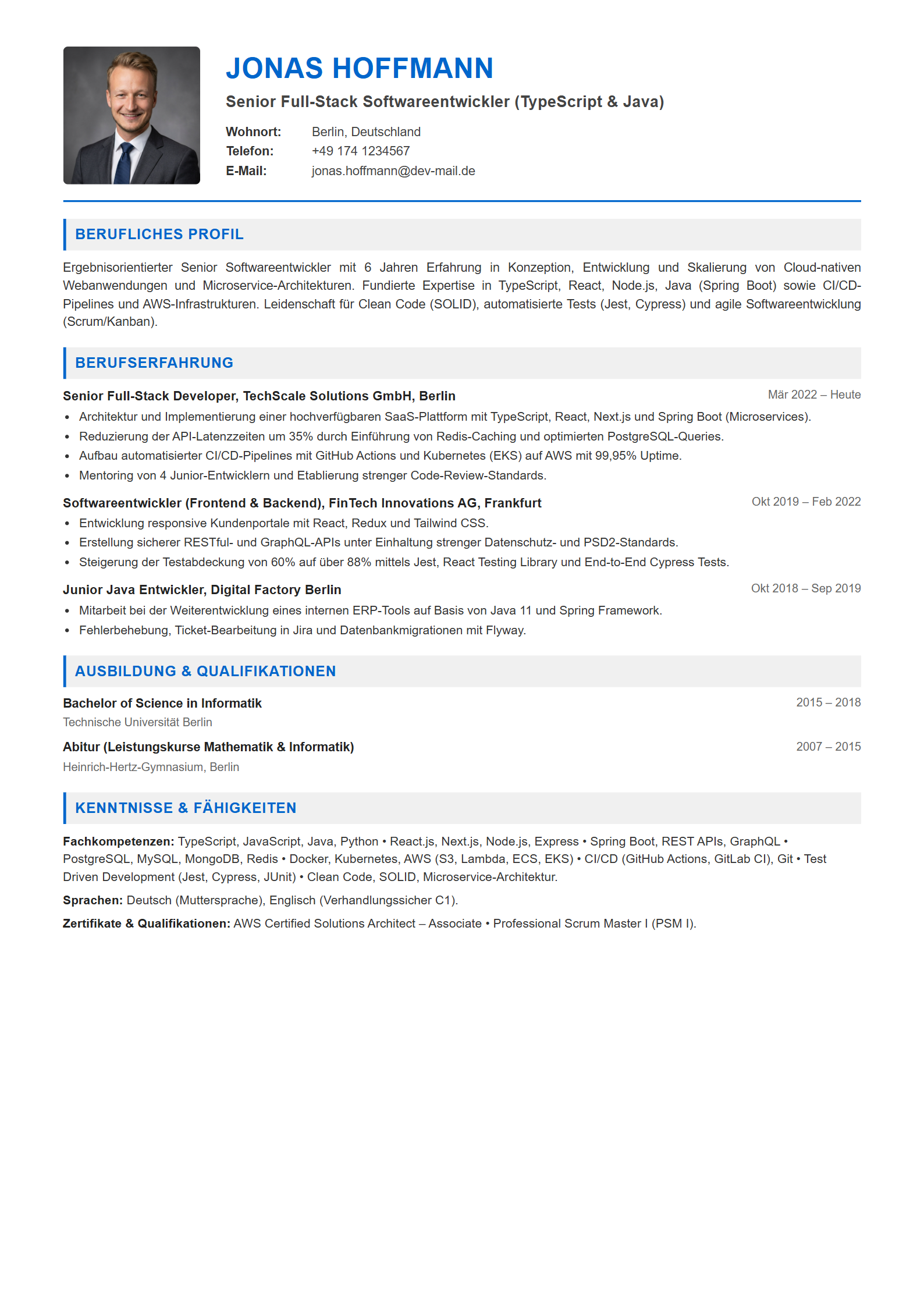 Lebenslauf-Muster Softwareentwickler / Full-Stack Entwickler