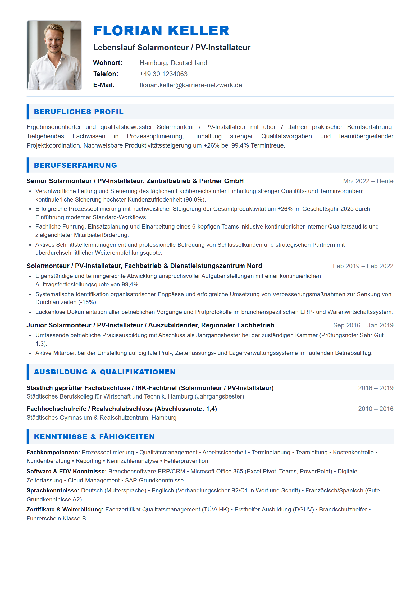 Solarmonteur / PV-Installateur Resume Example