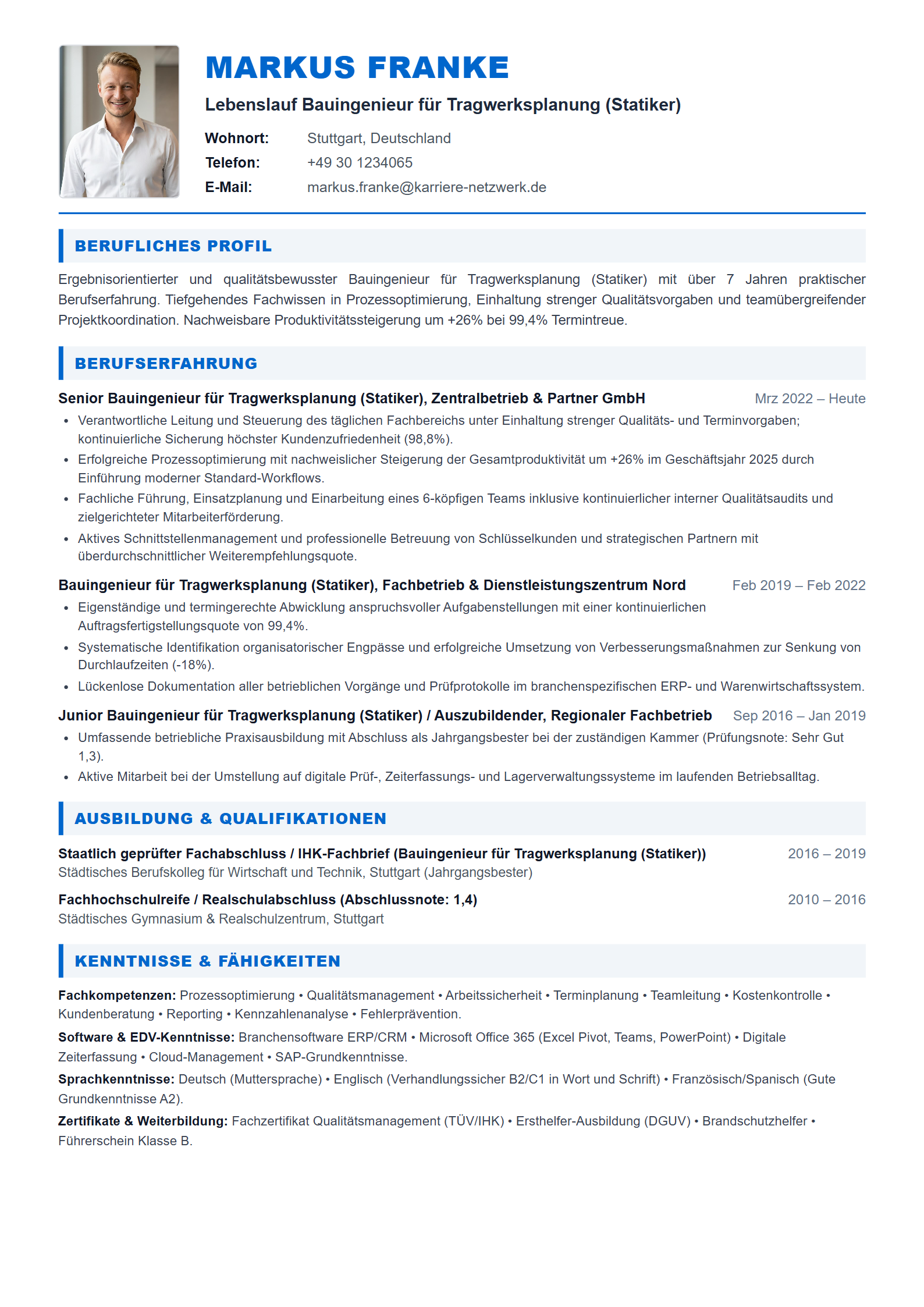Bauingenieur für Tragwerksplanung (Statiker) Resume Example