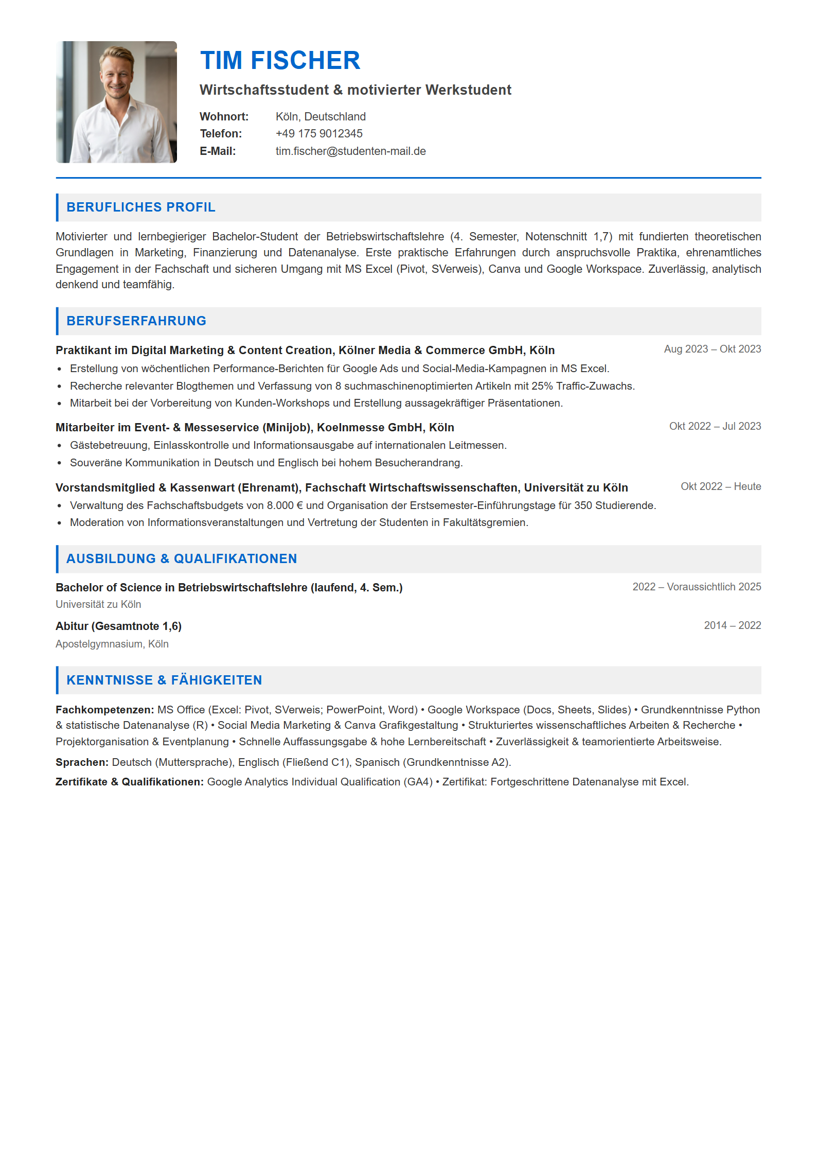 Lebenslauf-Muster Student / Schüler ohne Berufserfahrung (Vorlage 303 - Format A4)