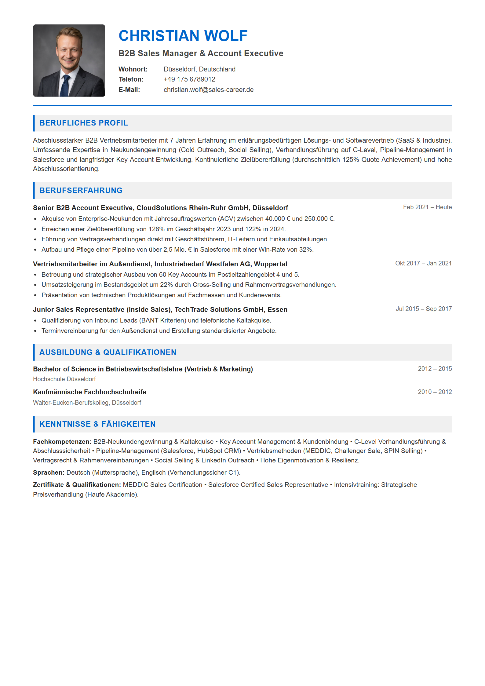 Lebenslauf-Muster Vertriebsmitarbeiter / Sales Manager