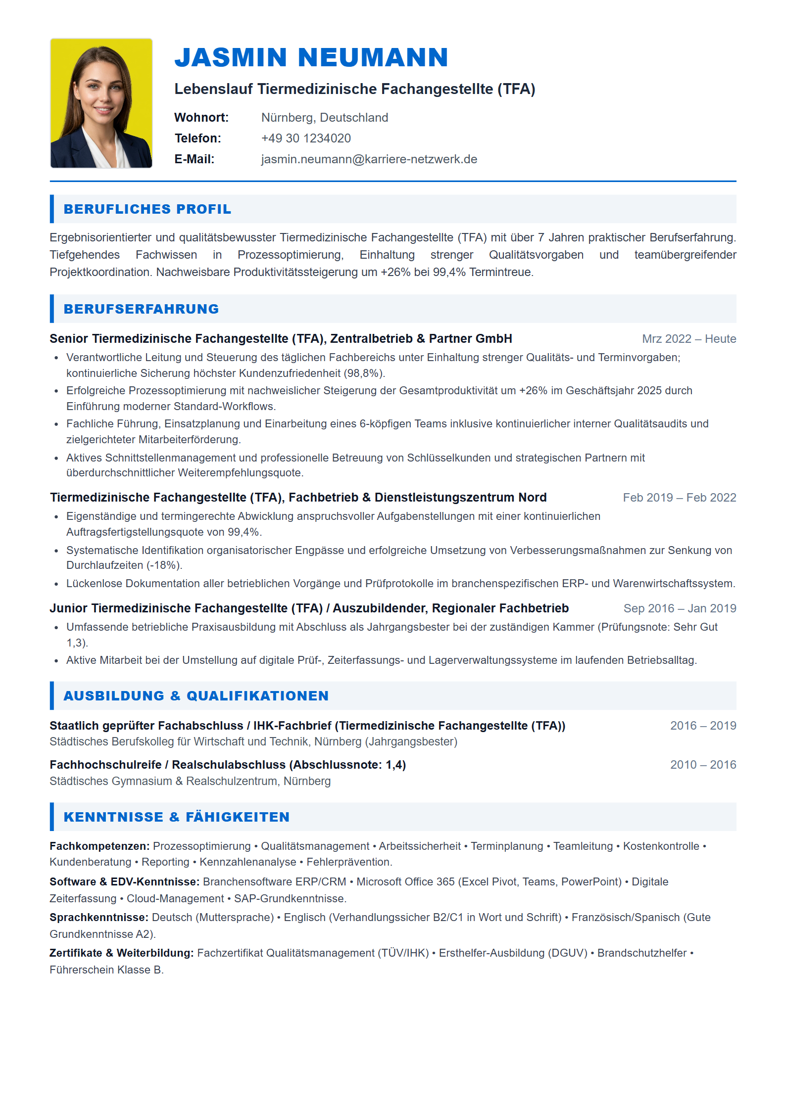 Tiermedizinische Fachangestellte (TFA) Resume Example