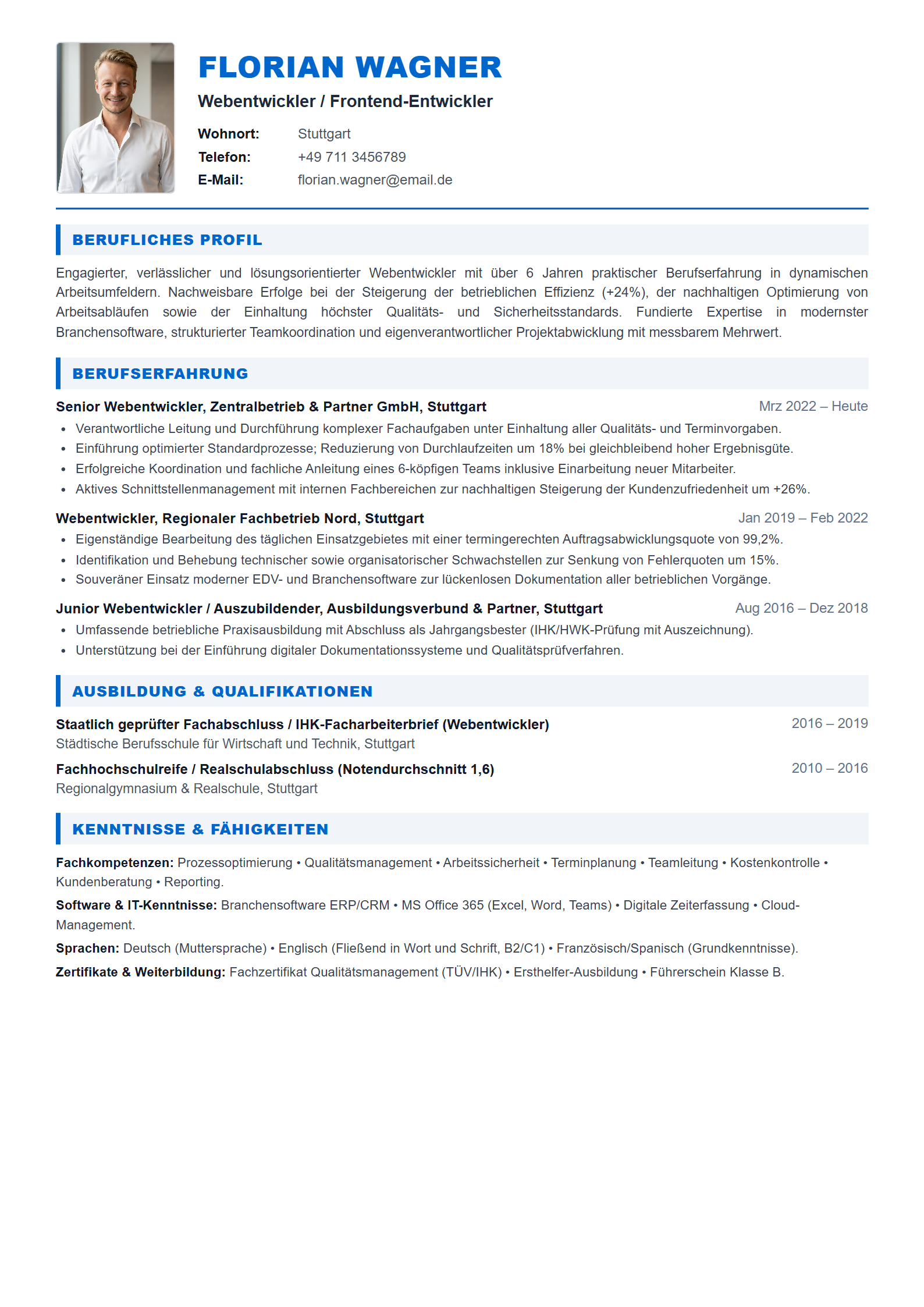 Lebenslauf-Muster Webentwickler / Frontend-Entwickler (Vorlage 303 - Format A4)