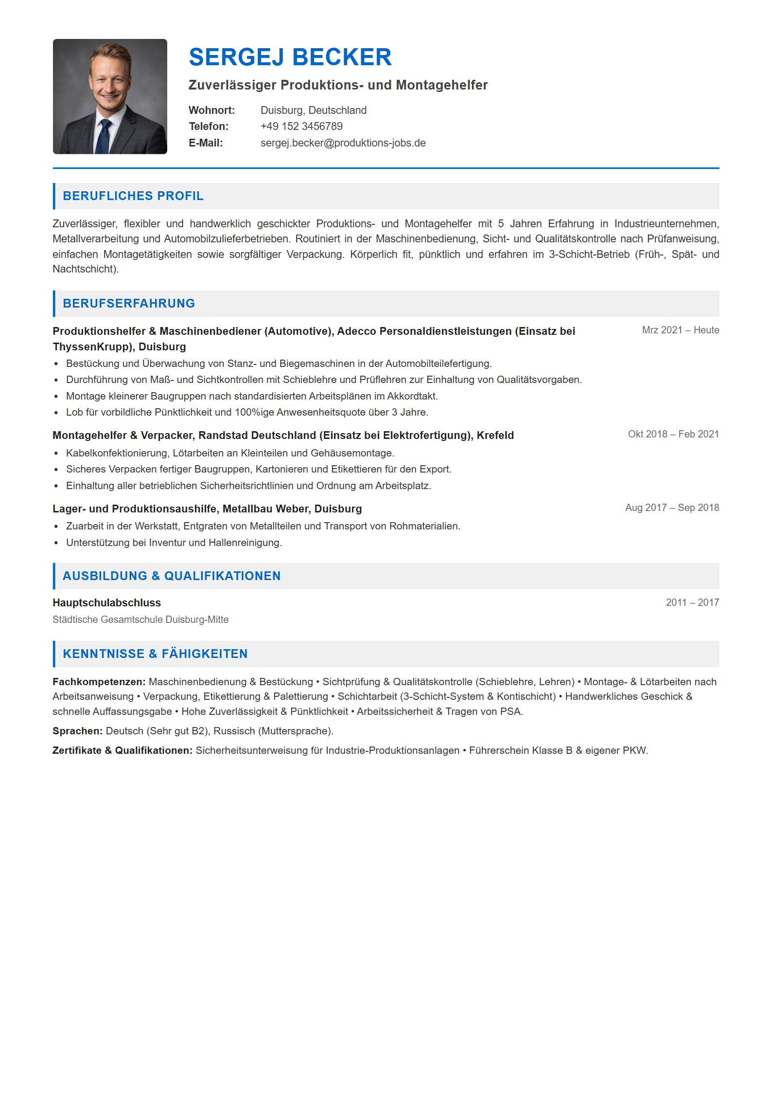 Lebenslauf-Muster Mitarbeiter in Zeitarbeit / Produktionshelfer