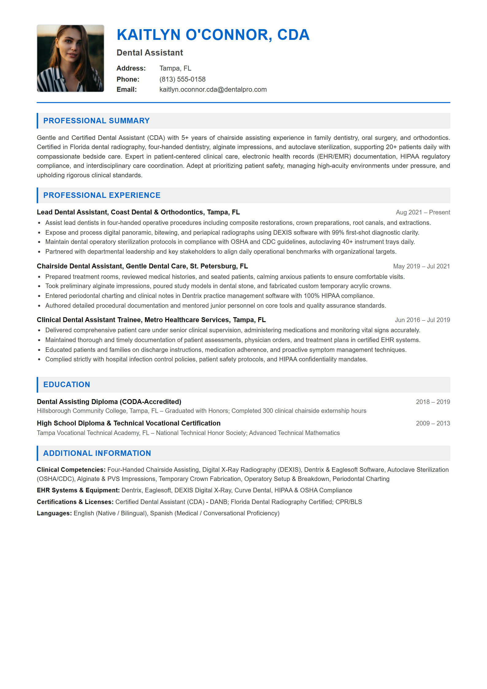 Dental Assistant Resume Example (Template 107 - Executive Single-Page Format)