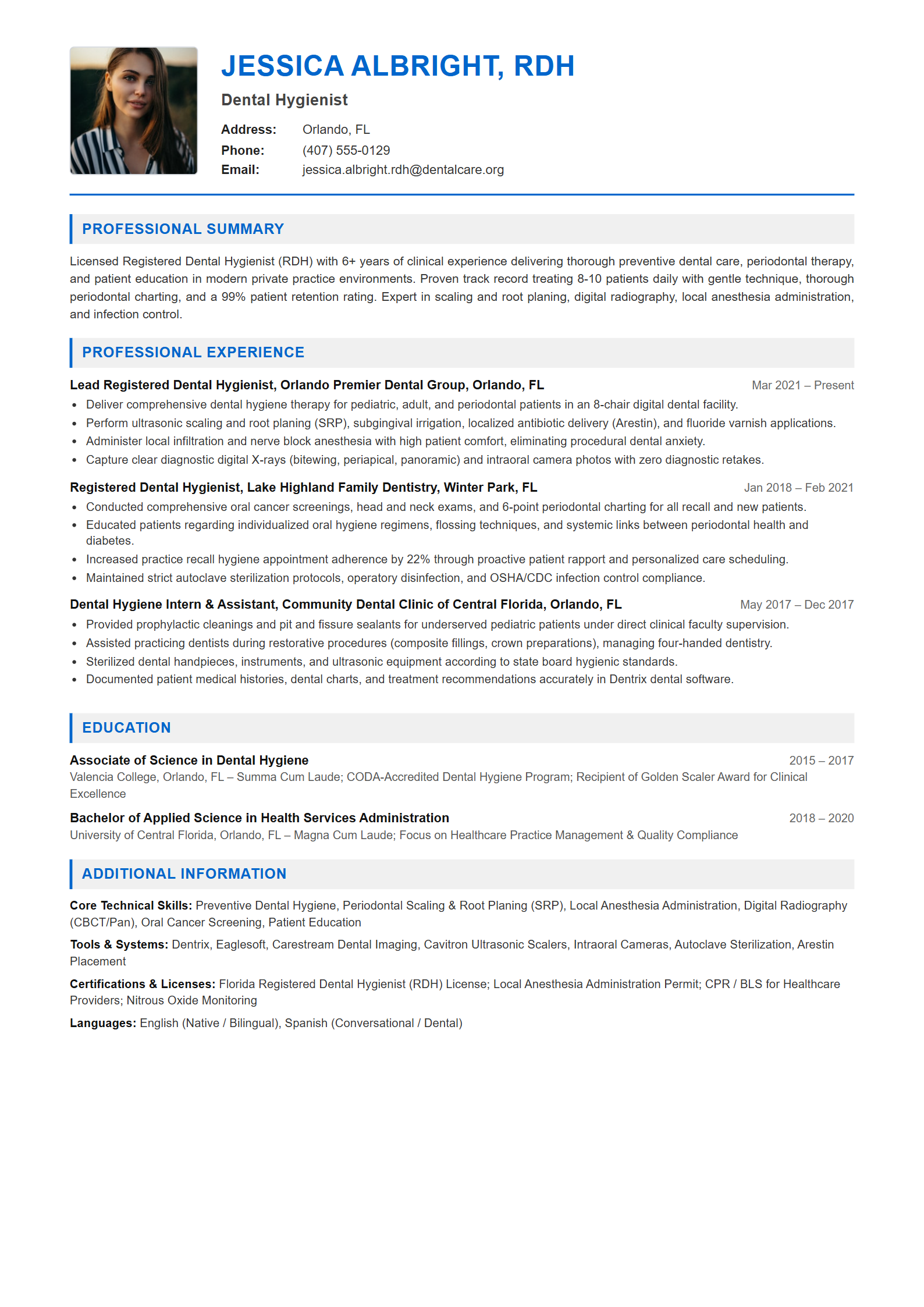 Dental Hygienist Resume Example (Template 107 - Executive Single-Page Format)