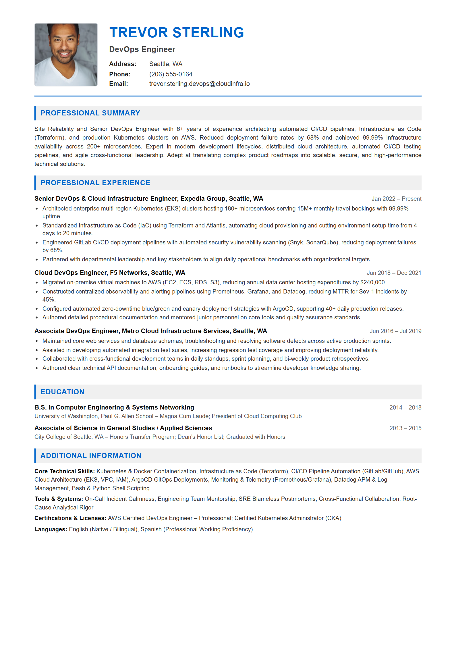 DevOps Engineer Resume Example (Template 107 - Executive Single-Page Format)