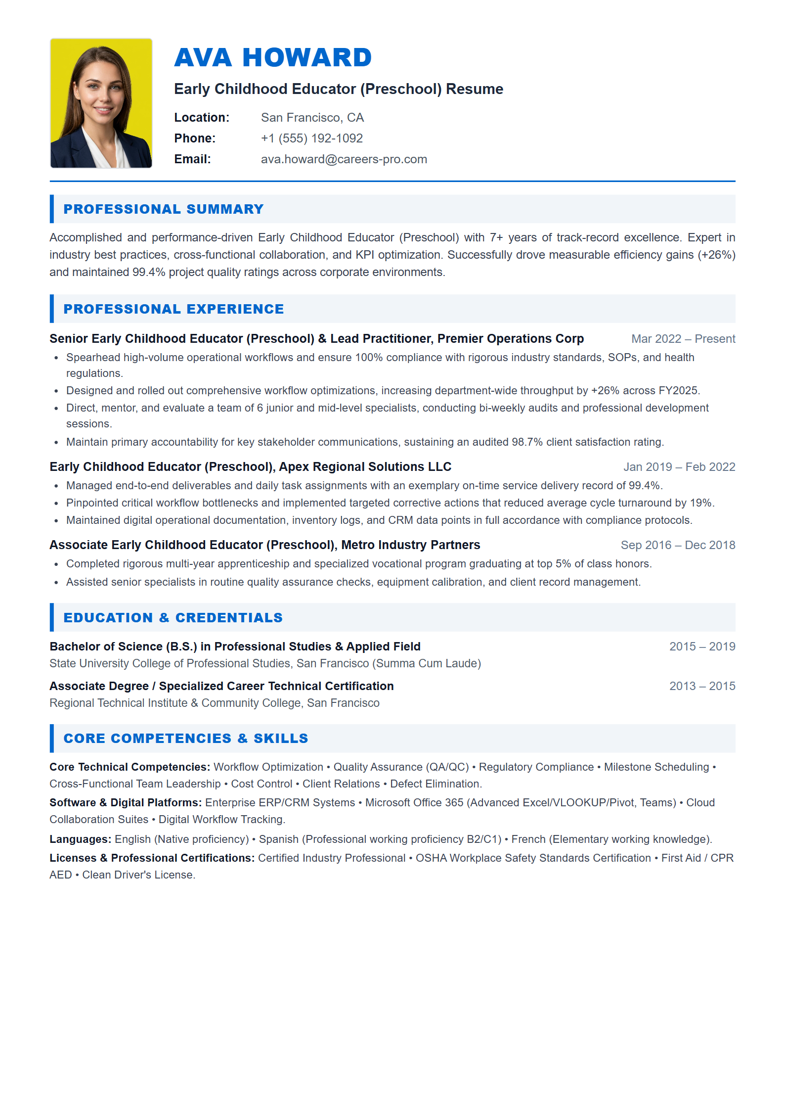 Early Childhood Educator (Preschool) Resume Example