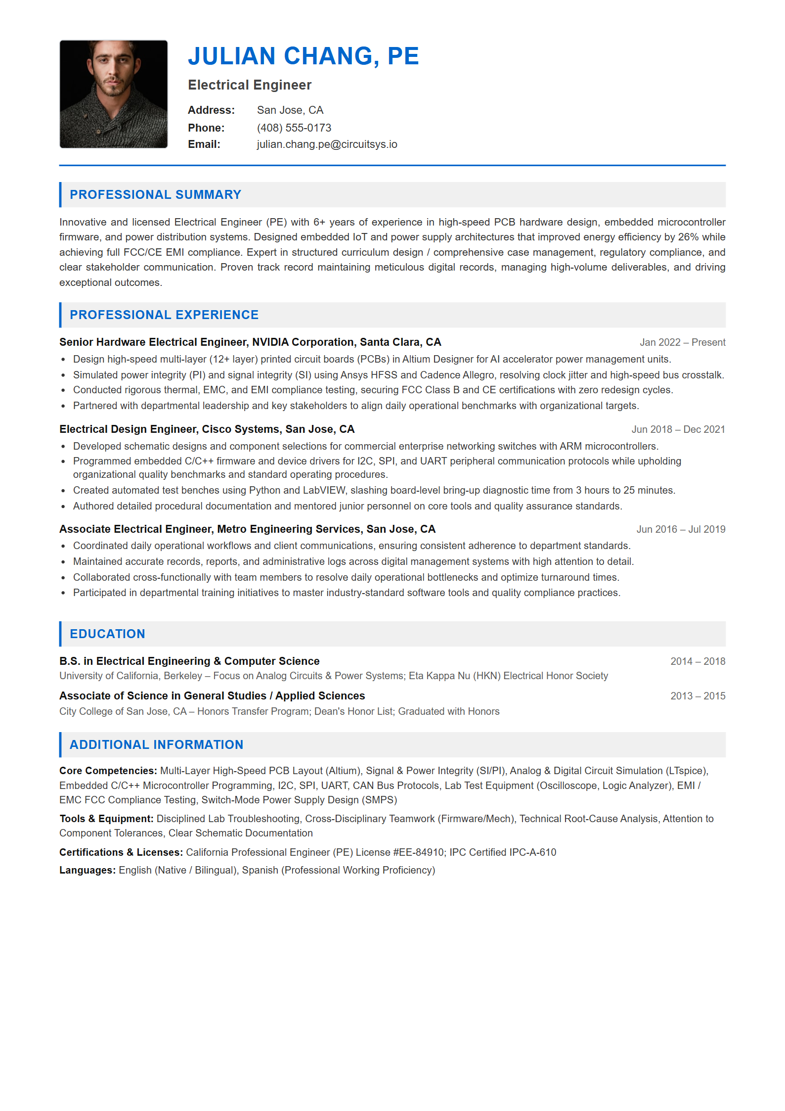 Electrical Engineer Resume Example (Template 107 - Executive Single-Page Format)