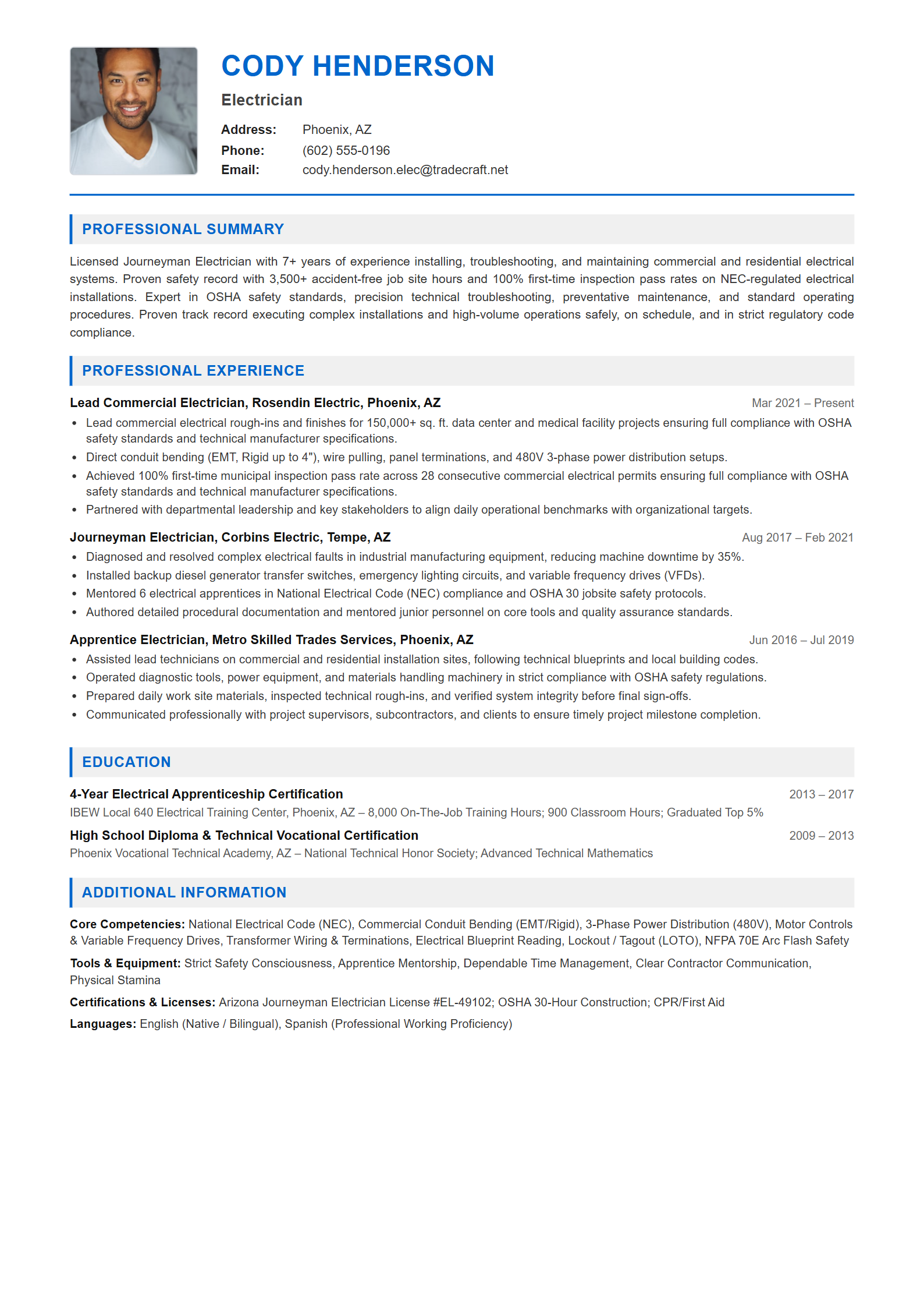 Electrician Resume Example (Template 107 - Executive Single-Page Format)