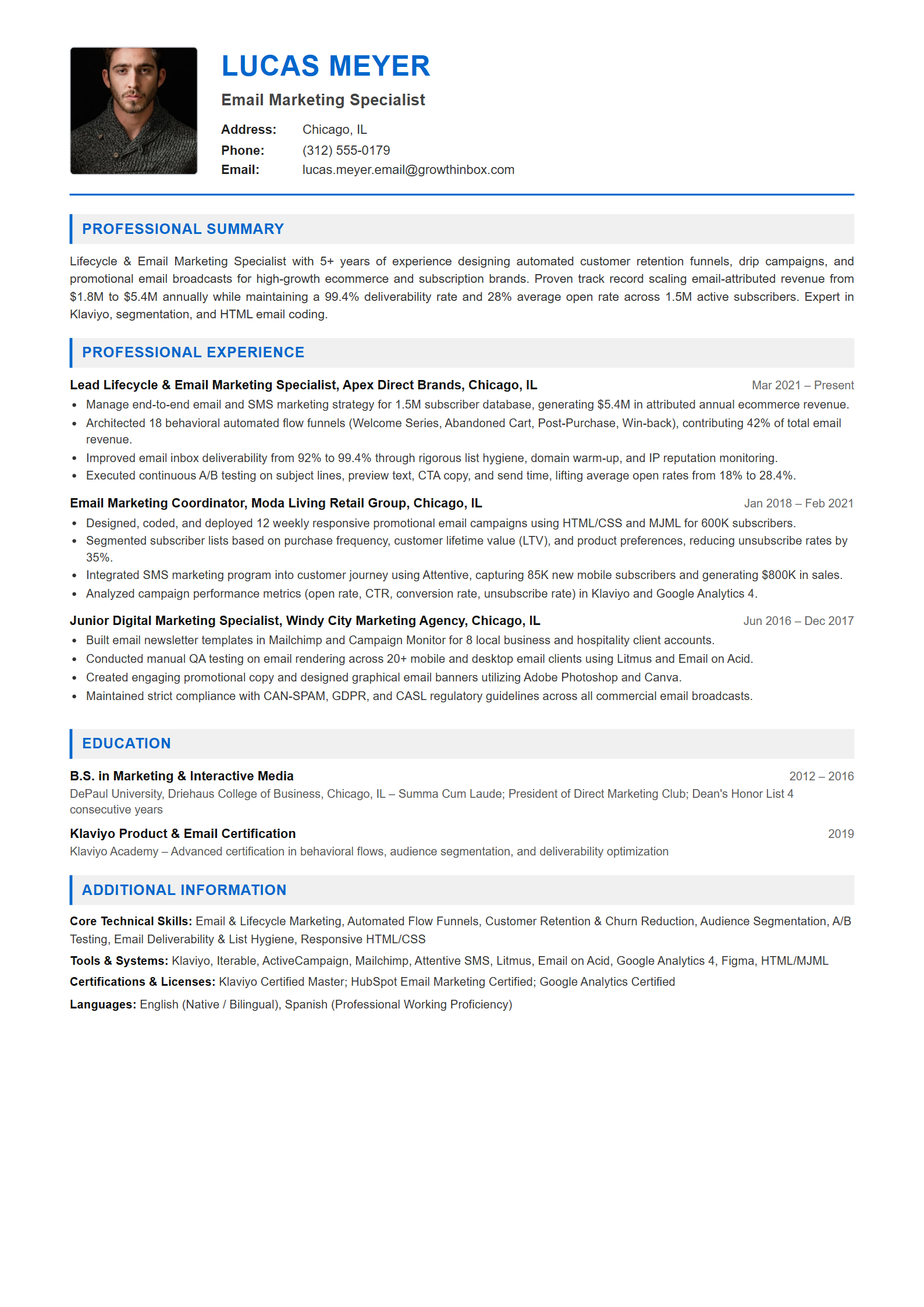 Email Marketing Specialist Resume Example (Template 107 - Executive Single-Page Format)