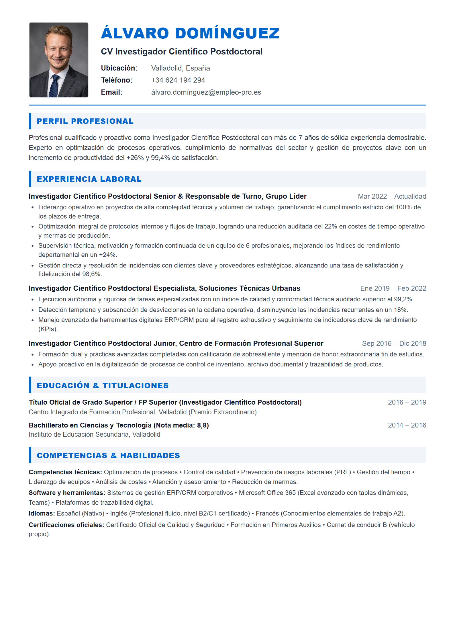 Investigador Científico Postdoctoral Resume Example