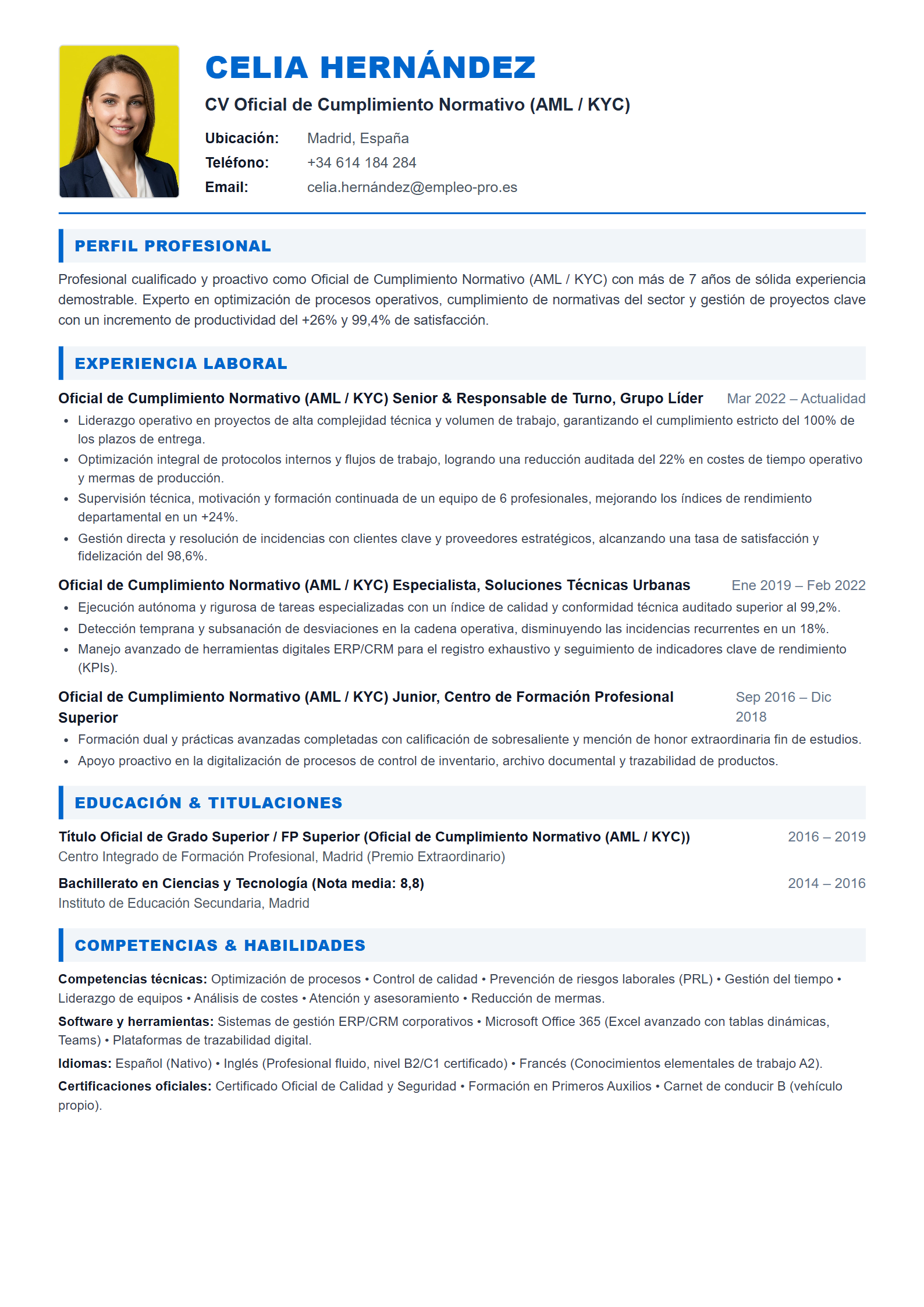 Oficial de Cumplimiento Normativo (AML / KYC) Resume Example