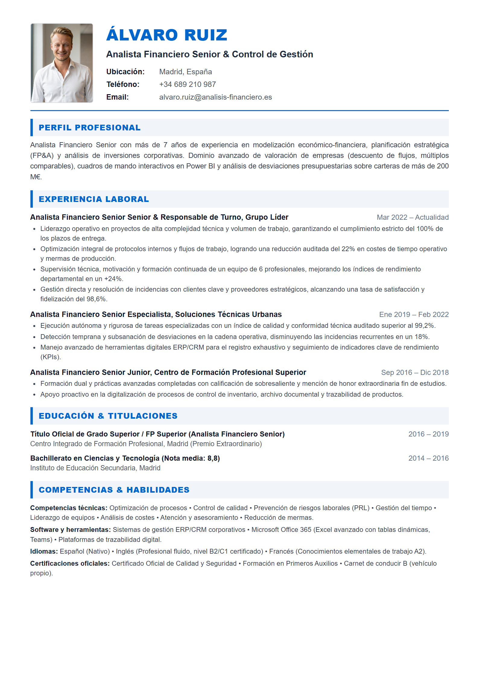 Modelo de Curriculum Analista Financiero Senior