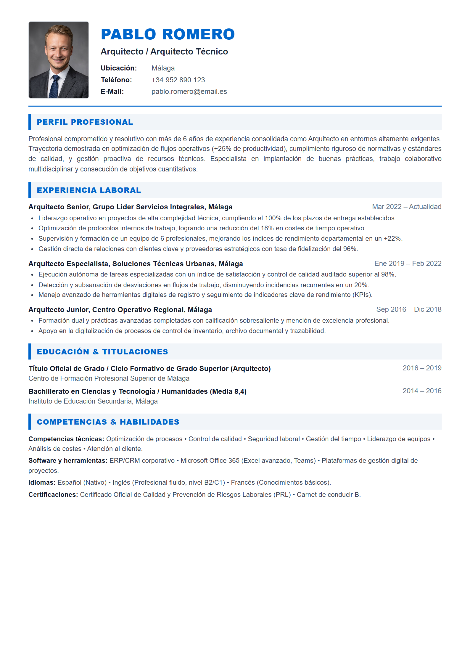 Ejemplo de CV Arquitecto / Arquitecto Técnico (Plantilla Profesional 303 - Formato A4)