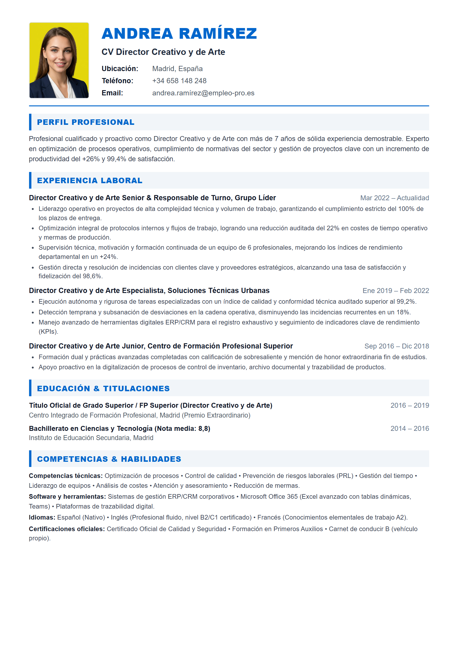 Director Creativo y de Arte Resume Example