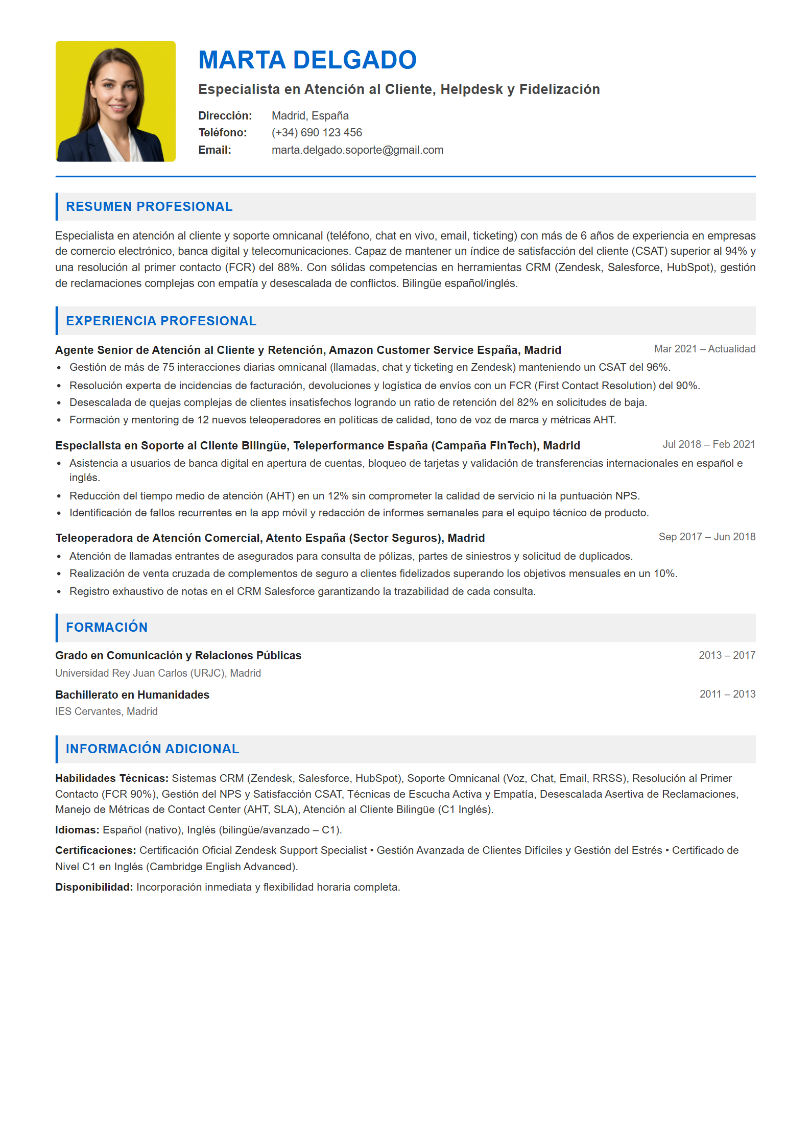Ejemplo de CV Atención al Cliente