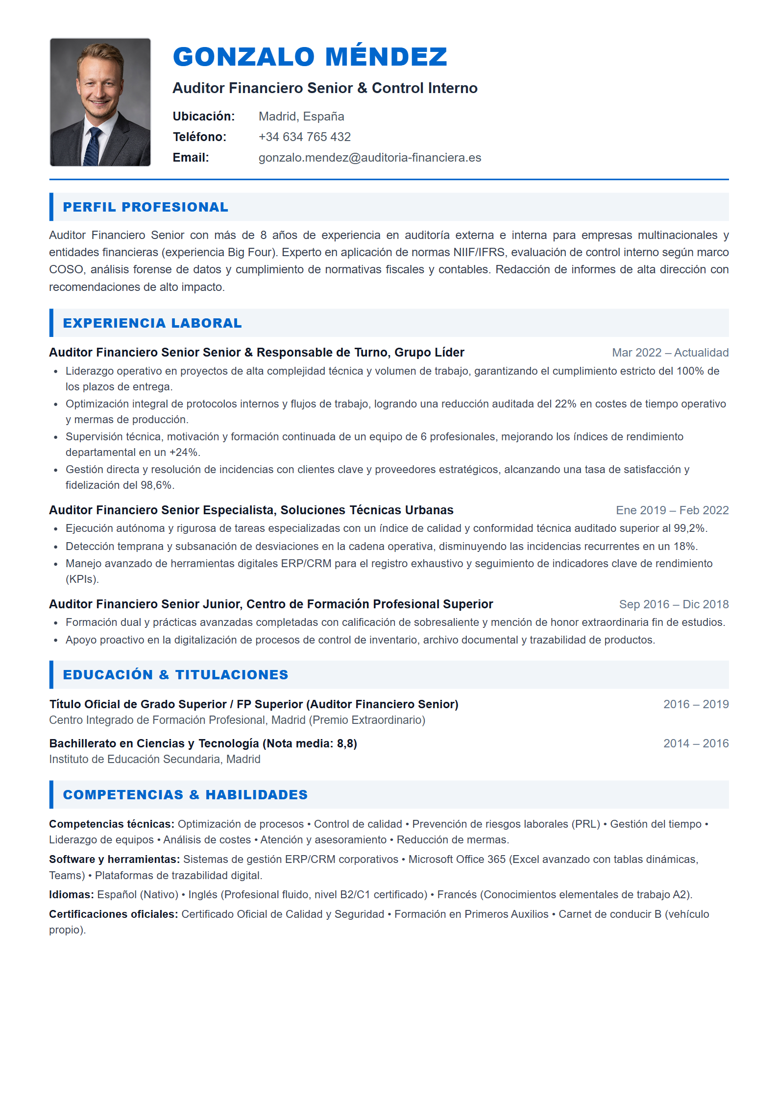 Modelo de Curriculum Auditor Financiero Senior