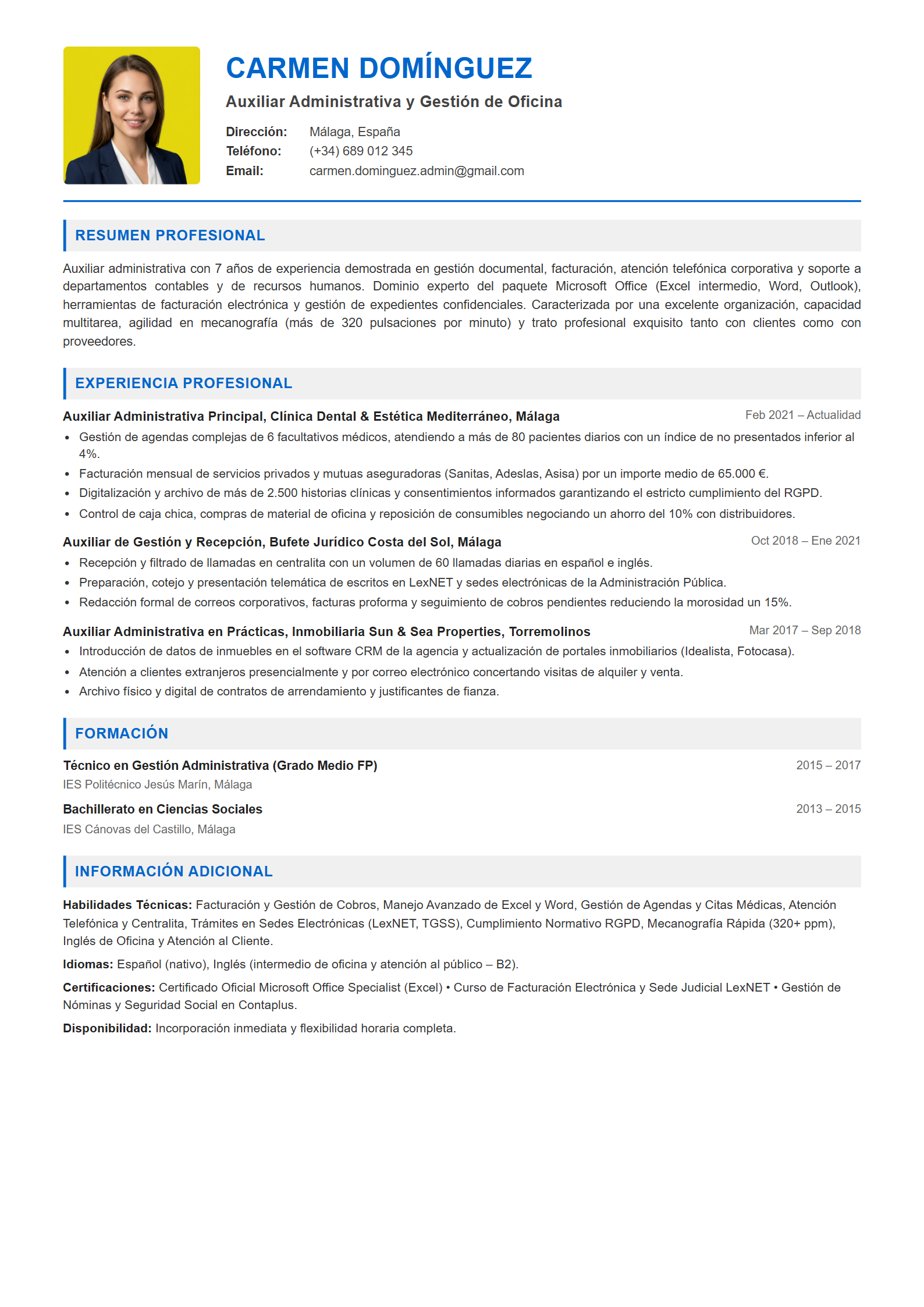 Ejemplo de CV Auxiliar Administrativo