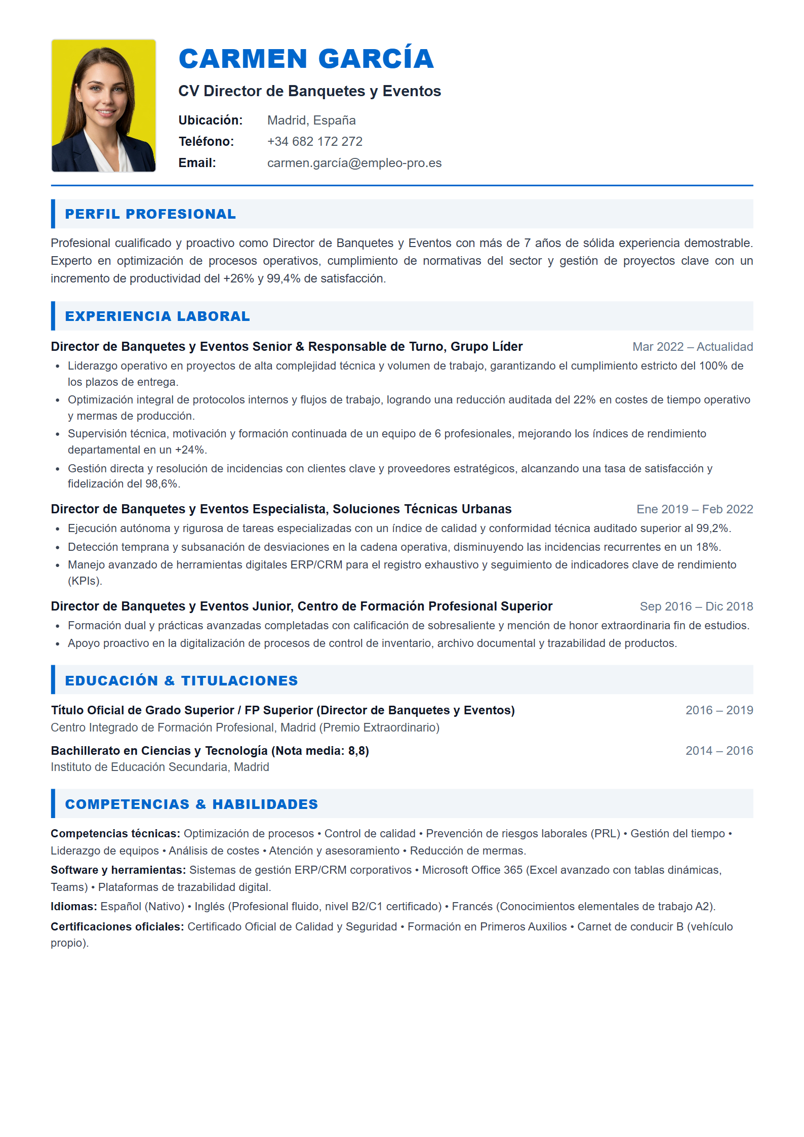 Director de Banquetes y Eventos Resume Example