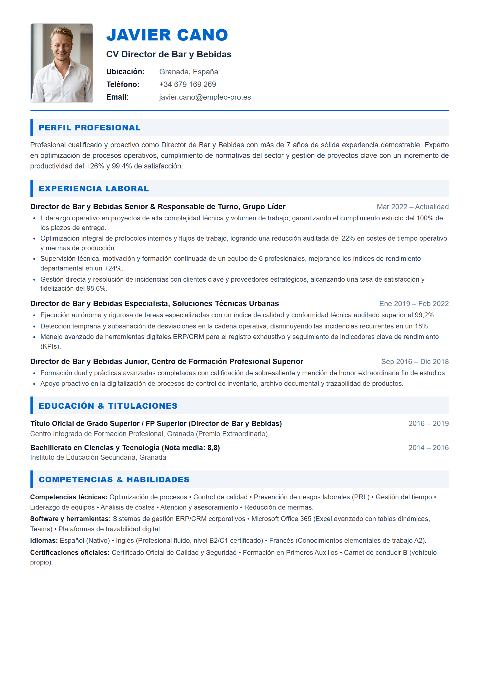 Director de Bar y Bebidas Resume Example