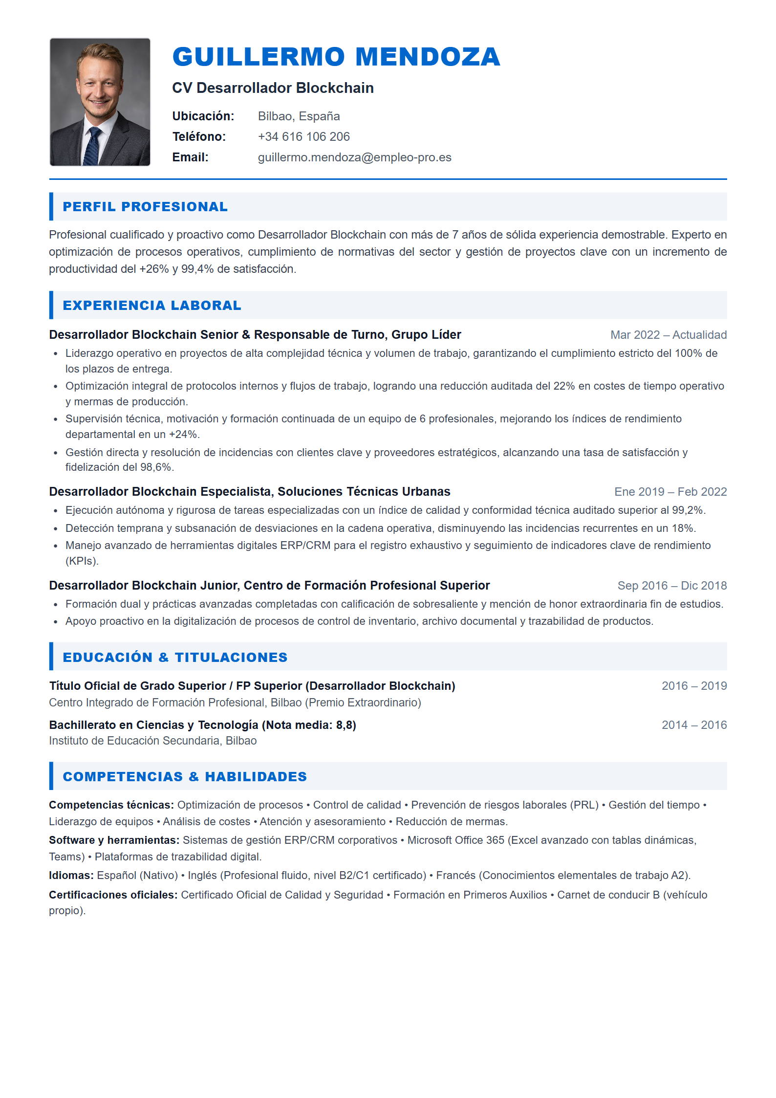 Desarrollador Blockchain Resume Example