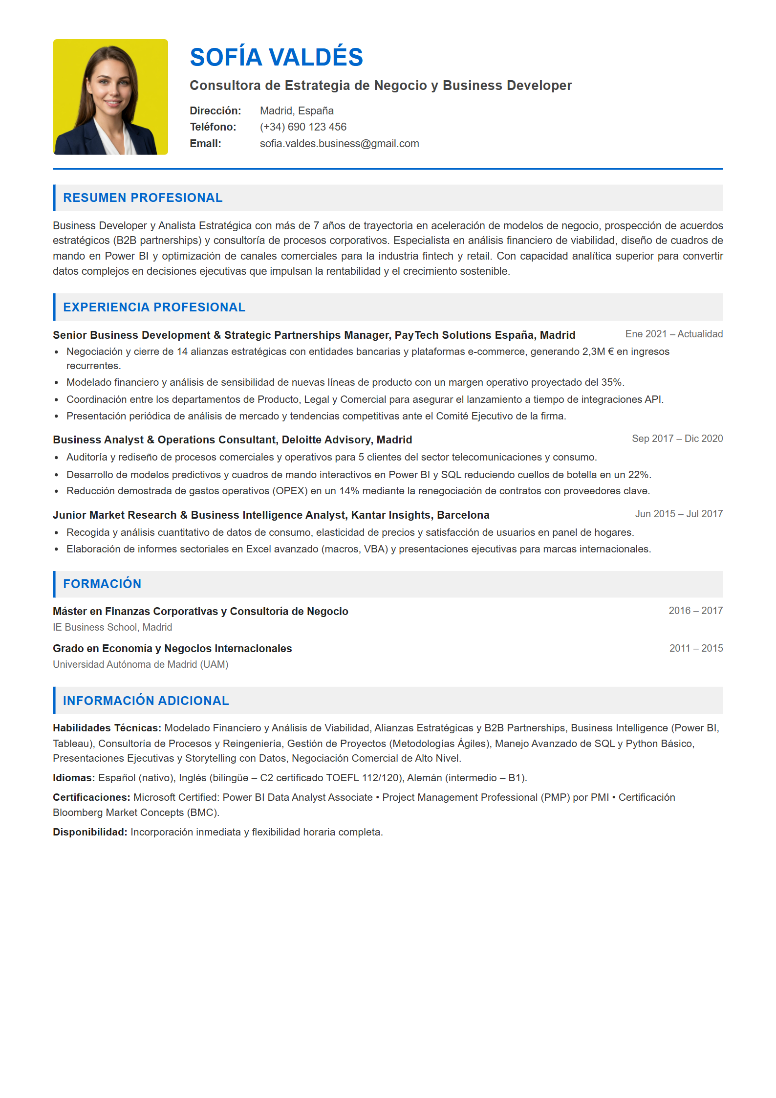 Ejemplo de CV Business Analyst / Business Developer