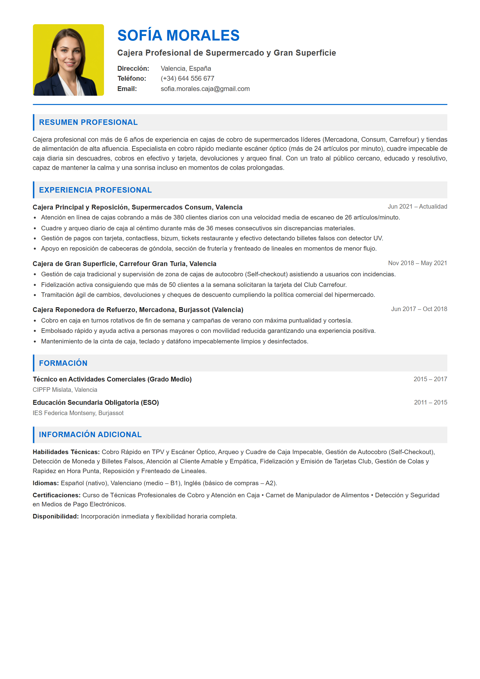 Ejemplo de CV Cajero / Cajera