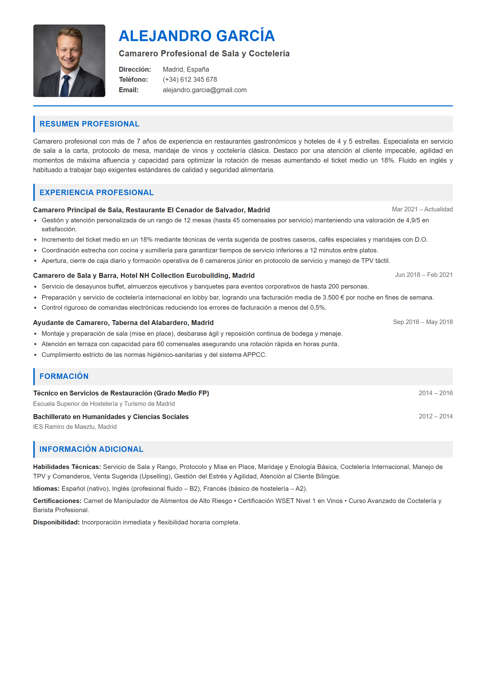 Ejemplo de CV Camarero / Camarera