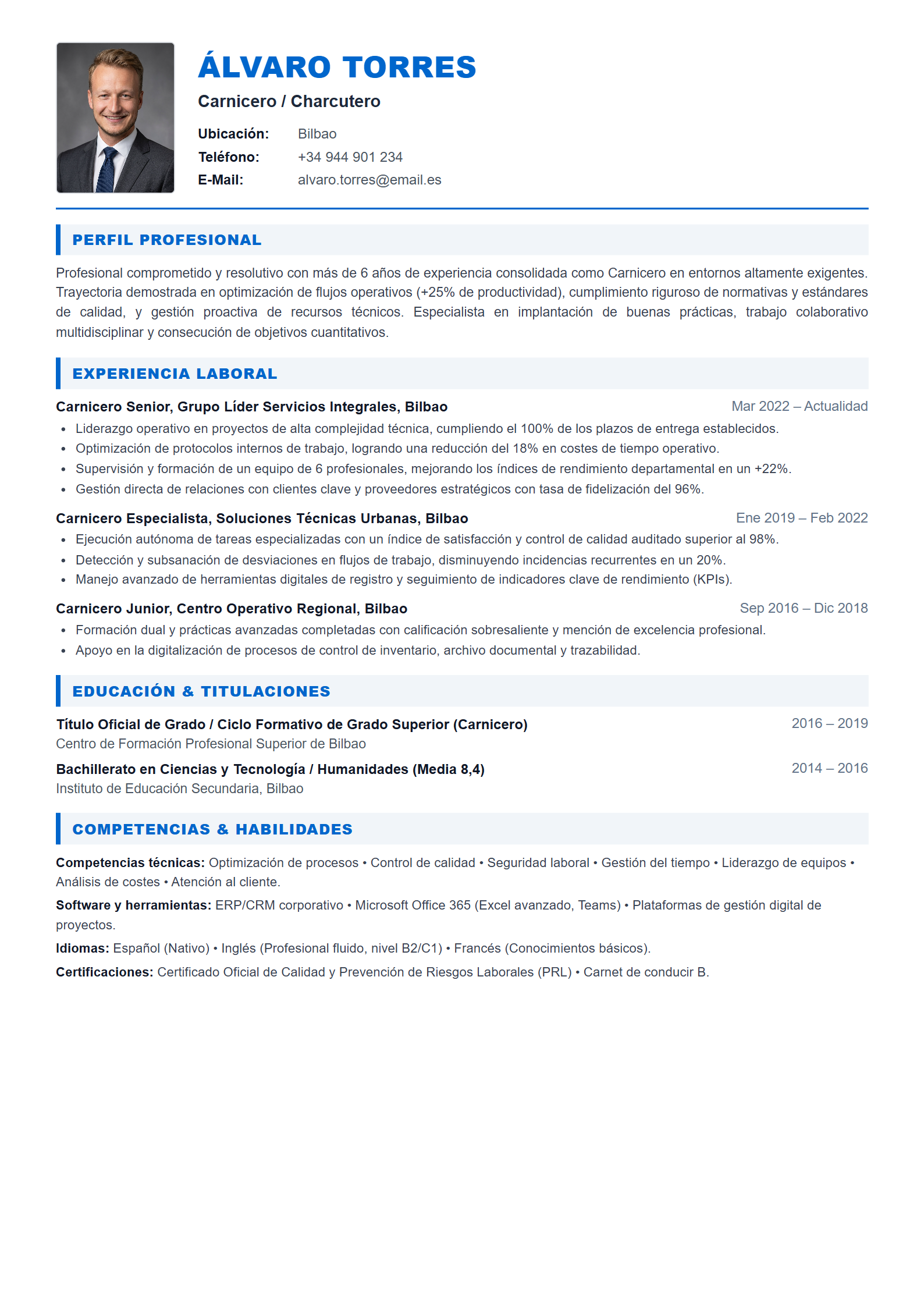 Ejemplo de CV Carnicero / Charcutero (Plantilla Profesional 303 - Formato A4)