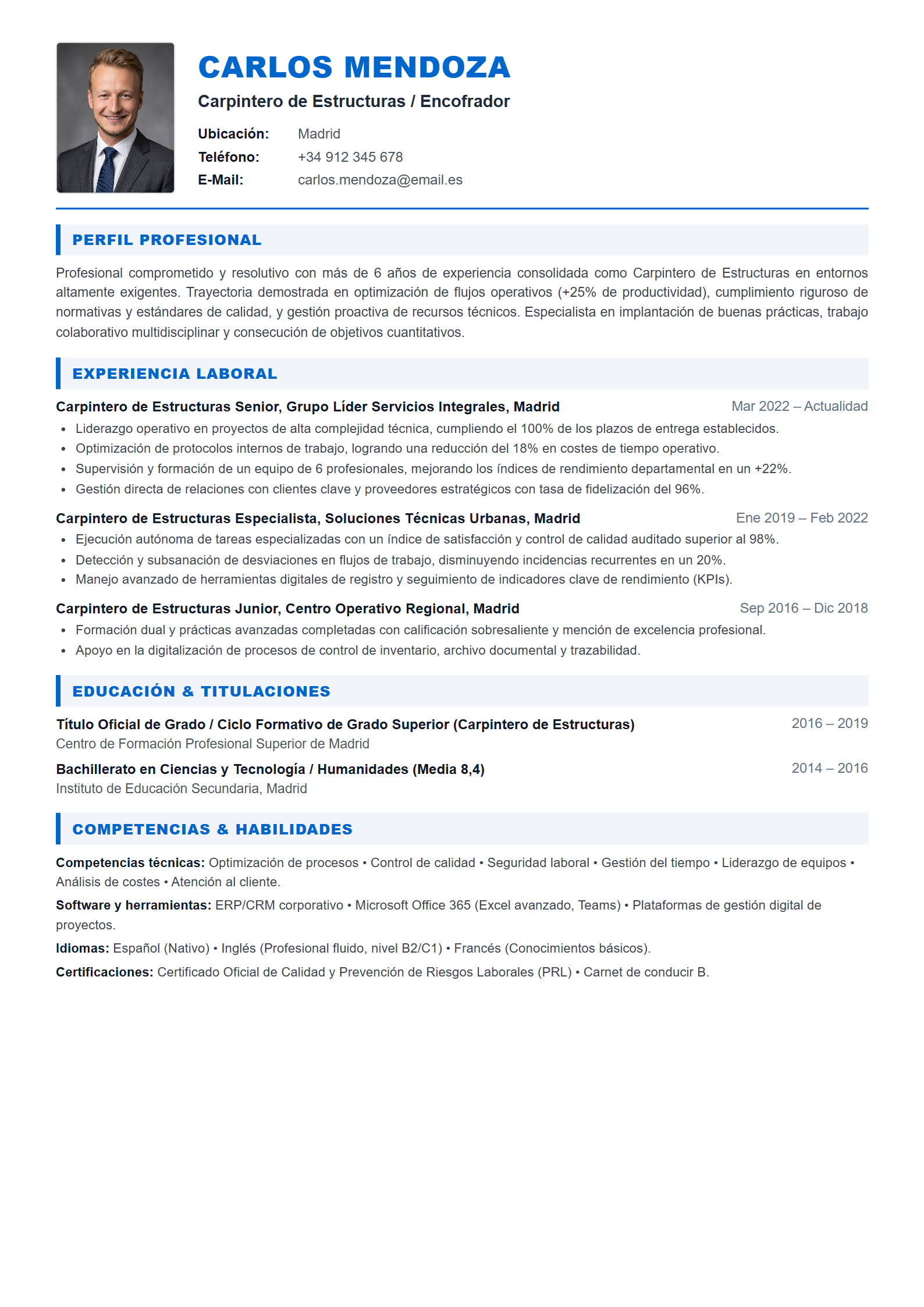 Ejemplo de CV Carpintero de Estructuras / Encofrador (Plantilla Profesional 303 - Formato A4)
