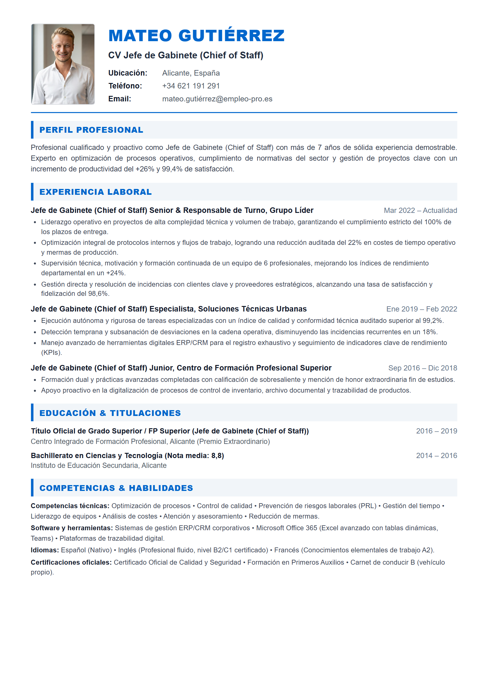Jefe de Gabinete (Chief of Staff) Resume Example