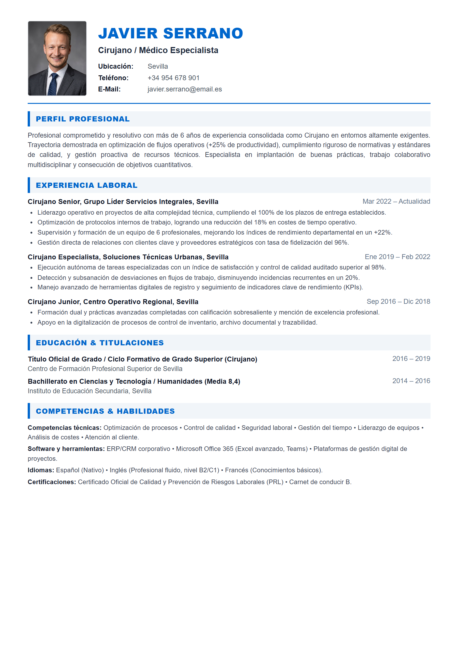 Ejemplo de CV Cirujano / Médico Especialista (Plantilla Profesional 303 - Formato A4)